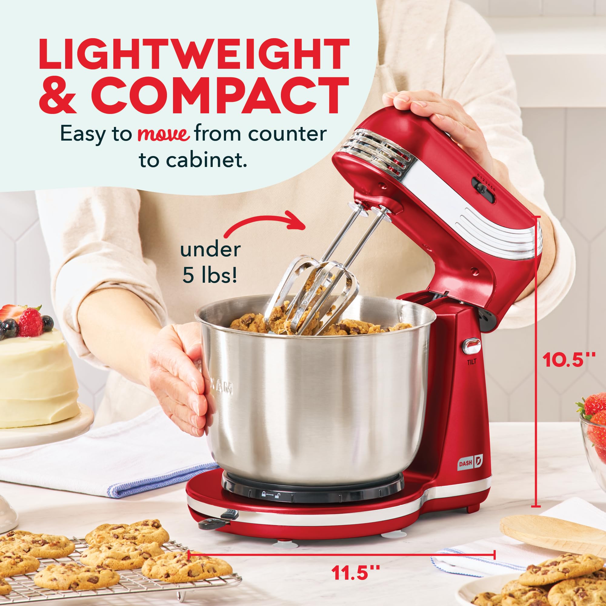 Dash Everyday Stand Mixer - Compact Tilt-Head Stand Mixer for Everyday Recipes - 6-Speed Power with Stainless Steel Bowl - Red, 3-Quart view 2