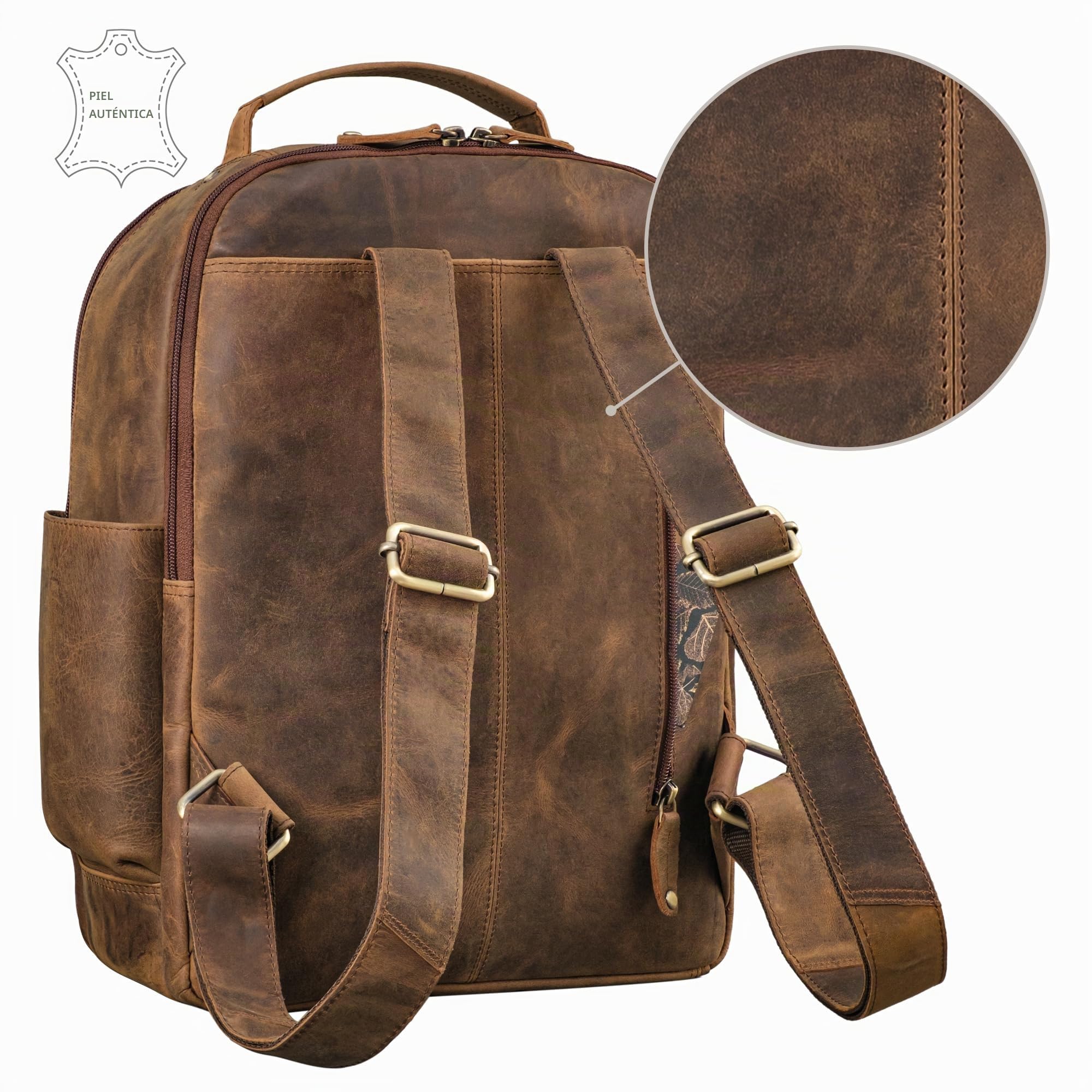 ROYALZ mochila de cuero para hombres 14 pulgadas portátil 'New Orleans' mochila de cuero genuino damas de tamaño mediano de negocios escuela universidad ocio, Color:Nevada Marrón