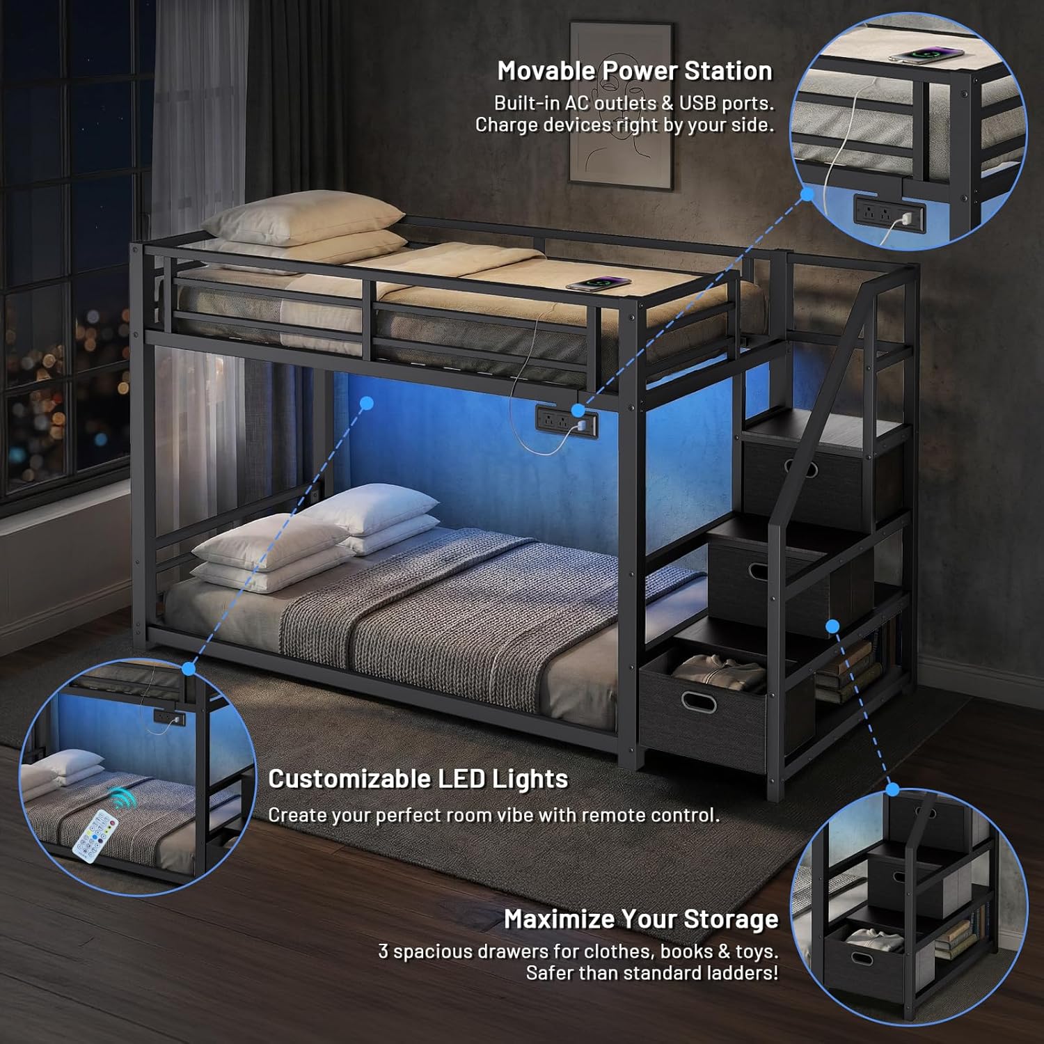Twin Over Twin Metal Bunk Bed with Storage Stairs, Drawers & Shelves, Power Outlet and RGB LED Lights,Low Profile Kids Bunk Bed Frame with Safety Guardrails & Metal Slats,No Box Spring Needed (Black)