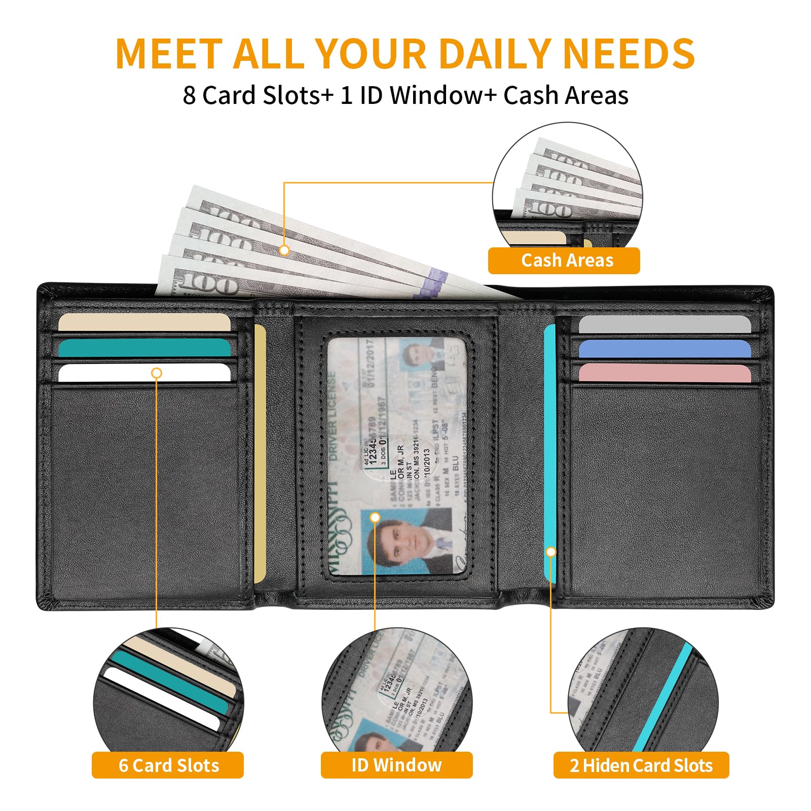 Billetera triple de cuero genuino para hombres, con bloqueo RFID para hombre, carteras con ventana de identificación, Negro -, Cartera triple de cuero genuino para hombre 3