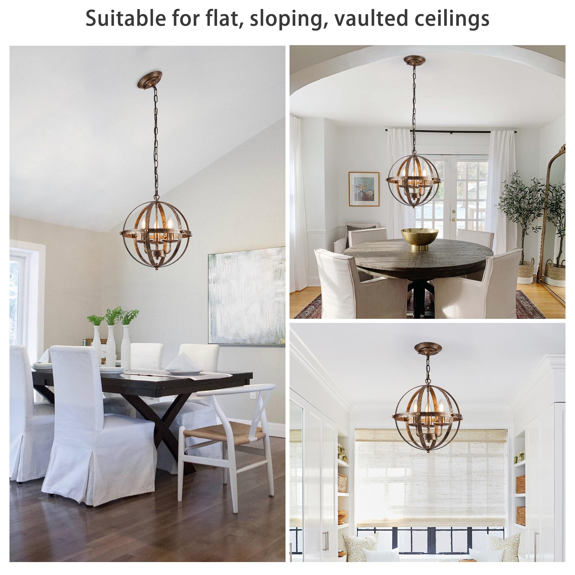 Ganeed Pendelleuchte Industrial Globe Farmhouse Beleuchtung Vintage Kronleuchter Kugelförmige hängende Deckenleuchte für Küche Insel Esstisch E14 Bronze 3 Licht