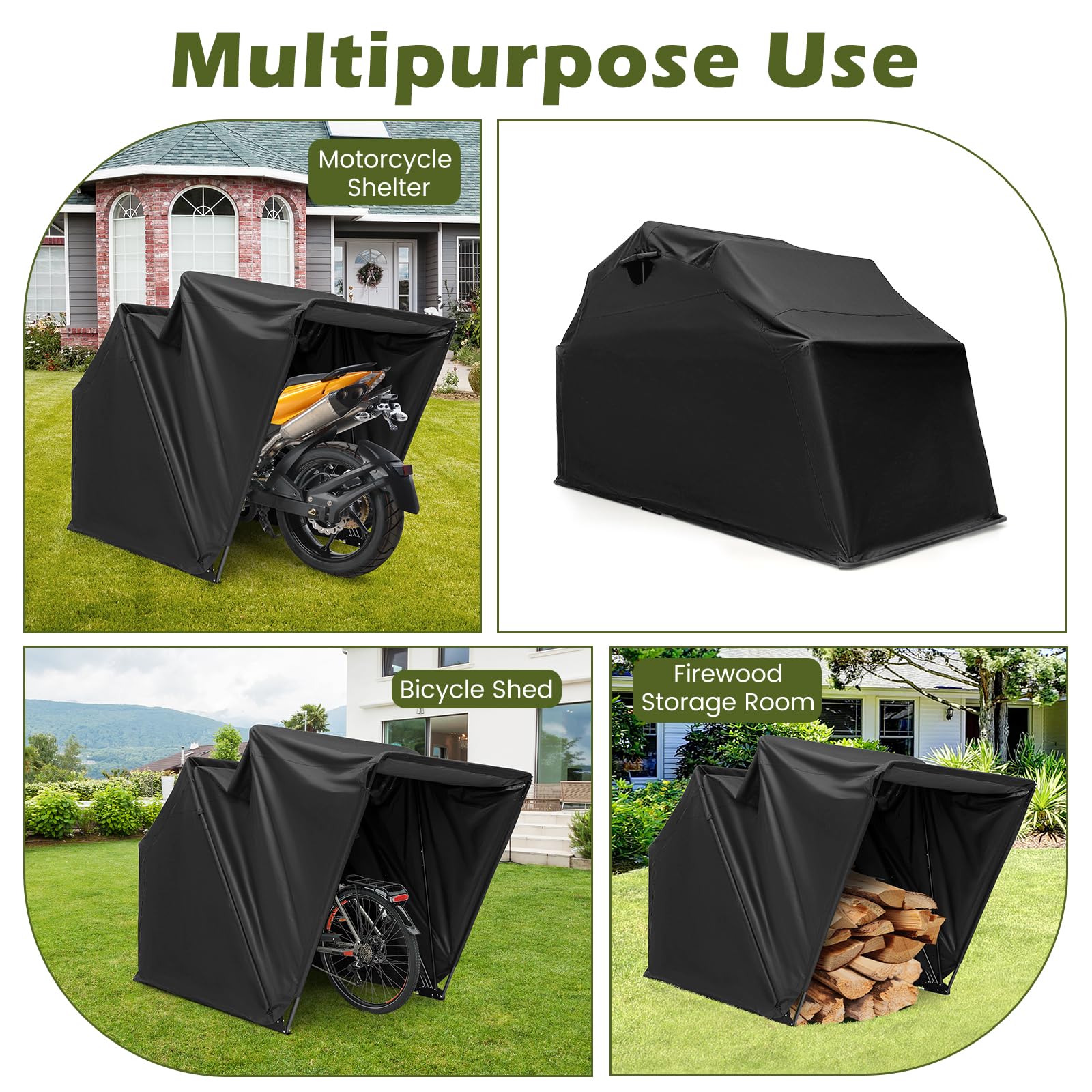 SOARS Abri de Jardin 342 X 137 X 193 CM, Housse Moto Exterieur en Tissu Oxford Imperméable, Base en Métal, Construction Stable, Fenêtre Enroulable, pour Moto, Velo, Jardin, Outils