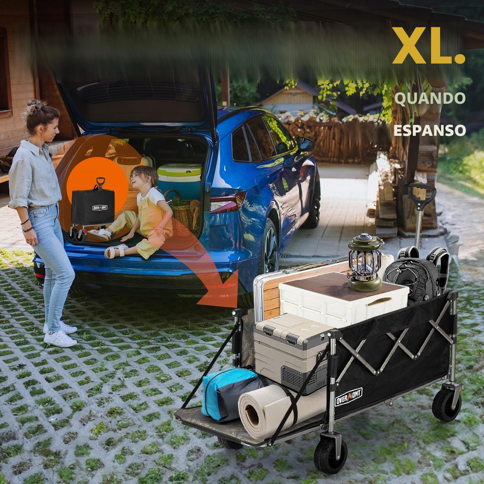 OVERMONT Carrello da Giardino Pieghevole - 200 L/136KG Carrelli da Trasporto Extra Lungo - Carrello da Campeggio Pieghevole con Grandi Ruote per Tutti i Terreni - con Tasca Laterale e 2 Freni