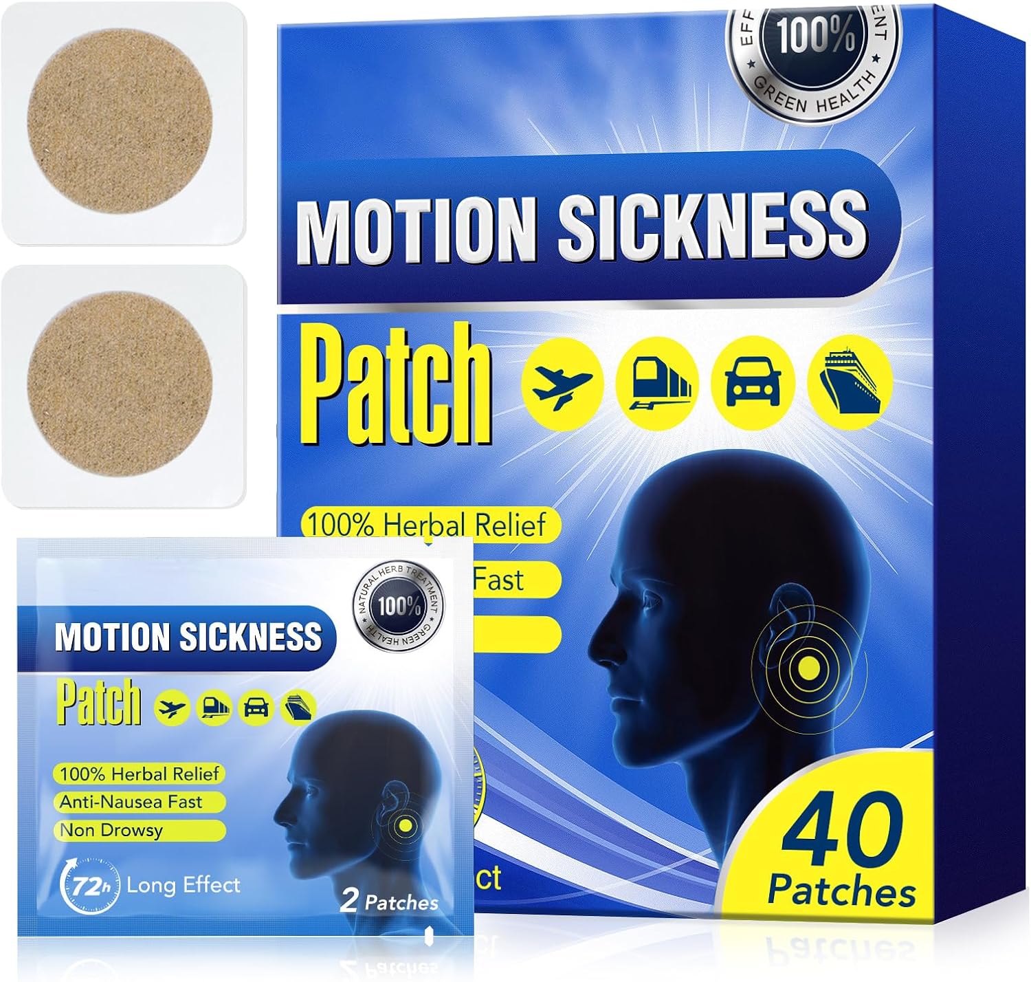 Natural Motion Sickness Patch AntiNausea, 40PCS Sea Sickness Patches