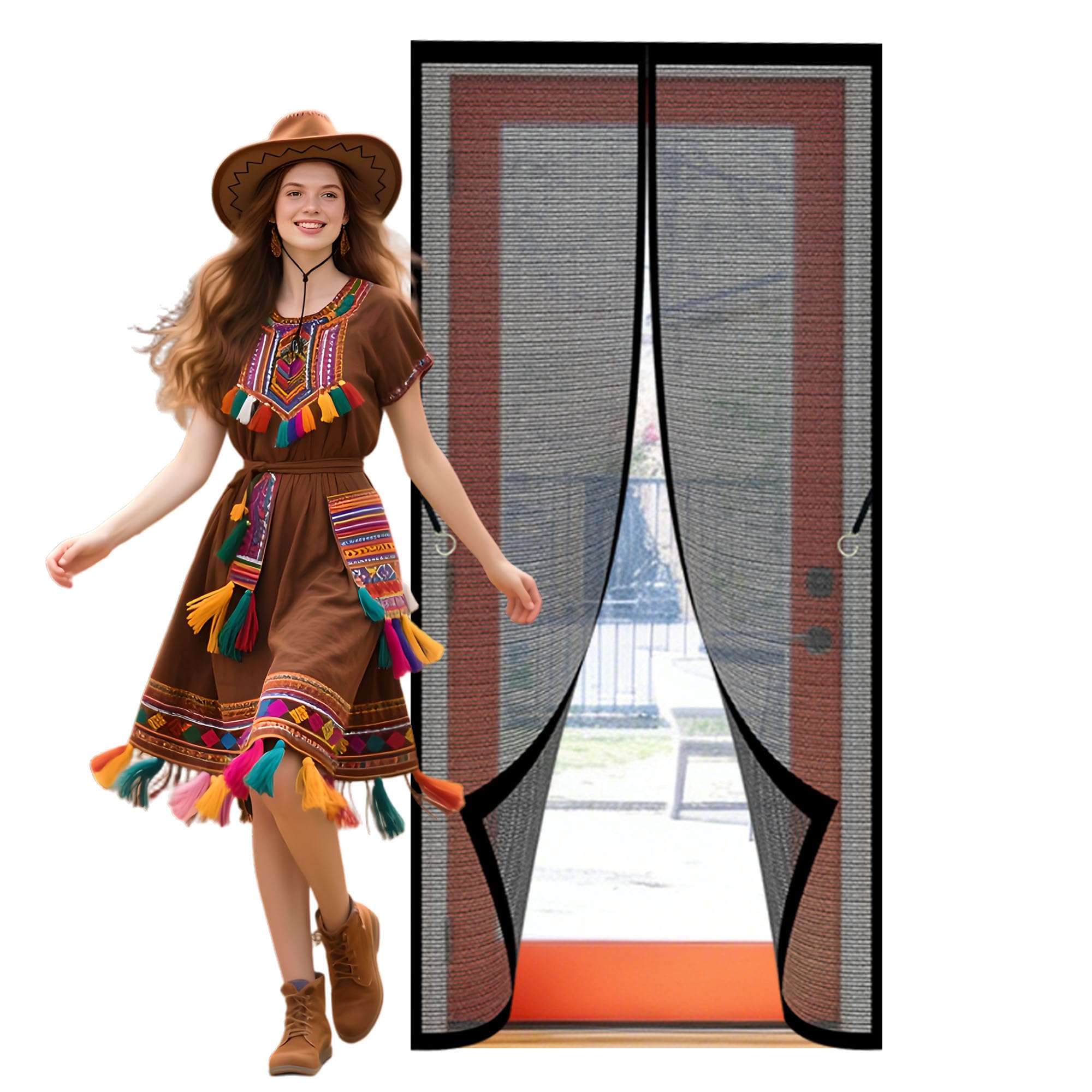 Magnetic Door Screen 111 x 224 cm Hands Free Closing Double Door Magnetic Fly Screen Keep Bugs Out Lets Fresh Air in Suitable for Patio Room Balcony Bedroom, Black