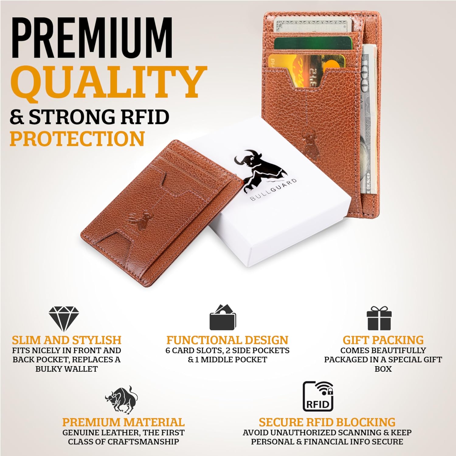 BULL GUARD Mens RFID Blocking Leather Slim Card Case Wallet with Easy Access ID windows, Cash & Card Slots, Crafted with Premium Top Grain Leather Ideal for Travel or Everyday Use (Wild Buffalo Brown) - Image 6