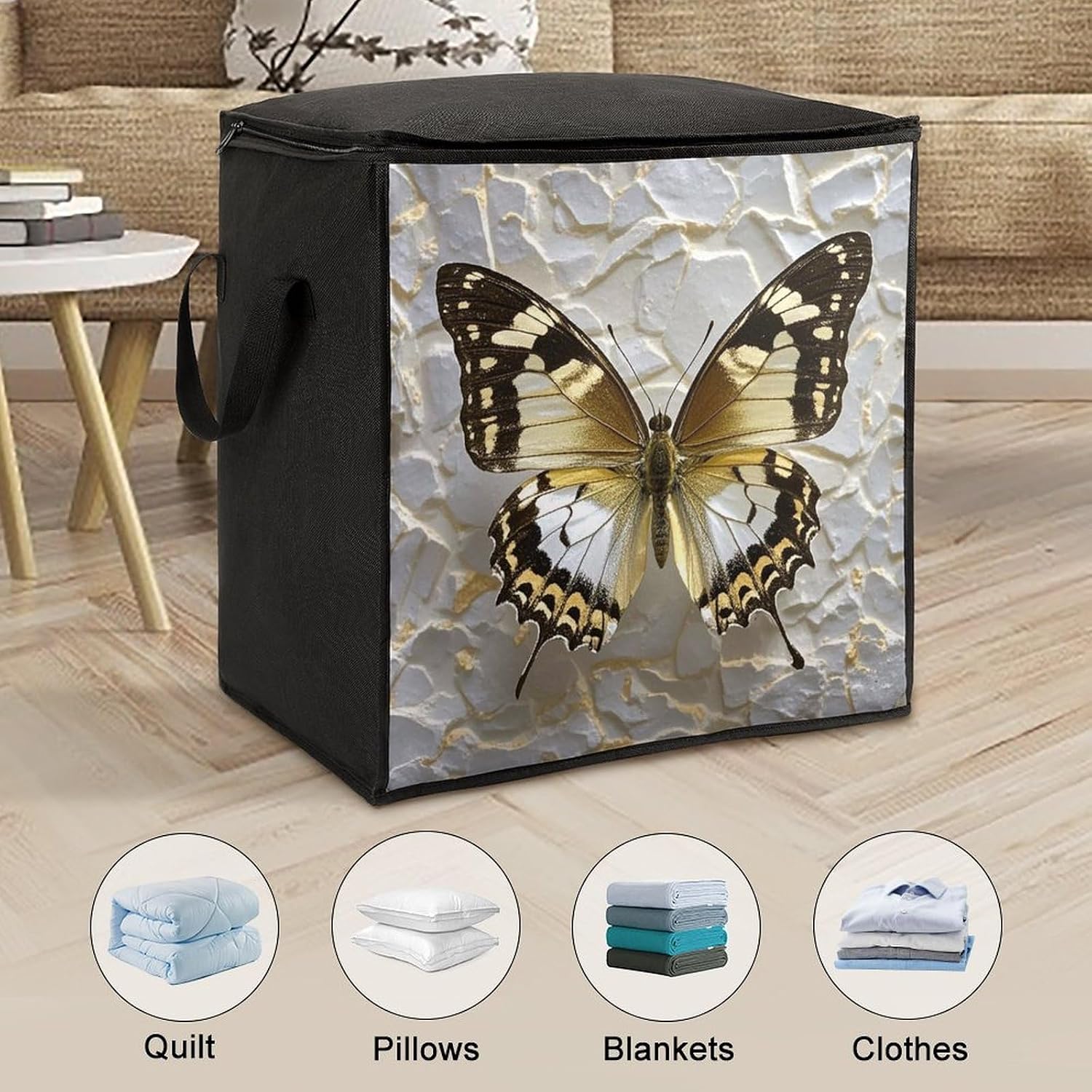 Gold And White Butterfly Storage Bag with Zippers And Handle Extra Large Bedding Comforter Storage Bag Foldable Blanket Storage Bags Fabric Moving Bags for Closet Organizer (70L)