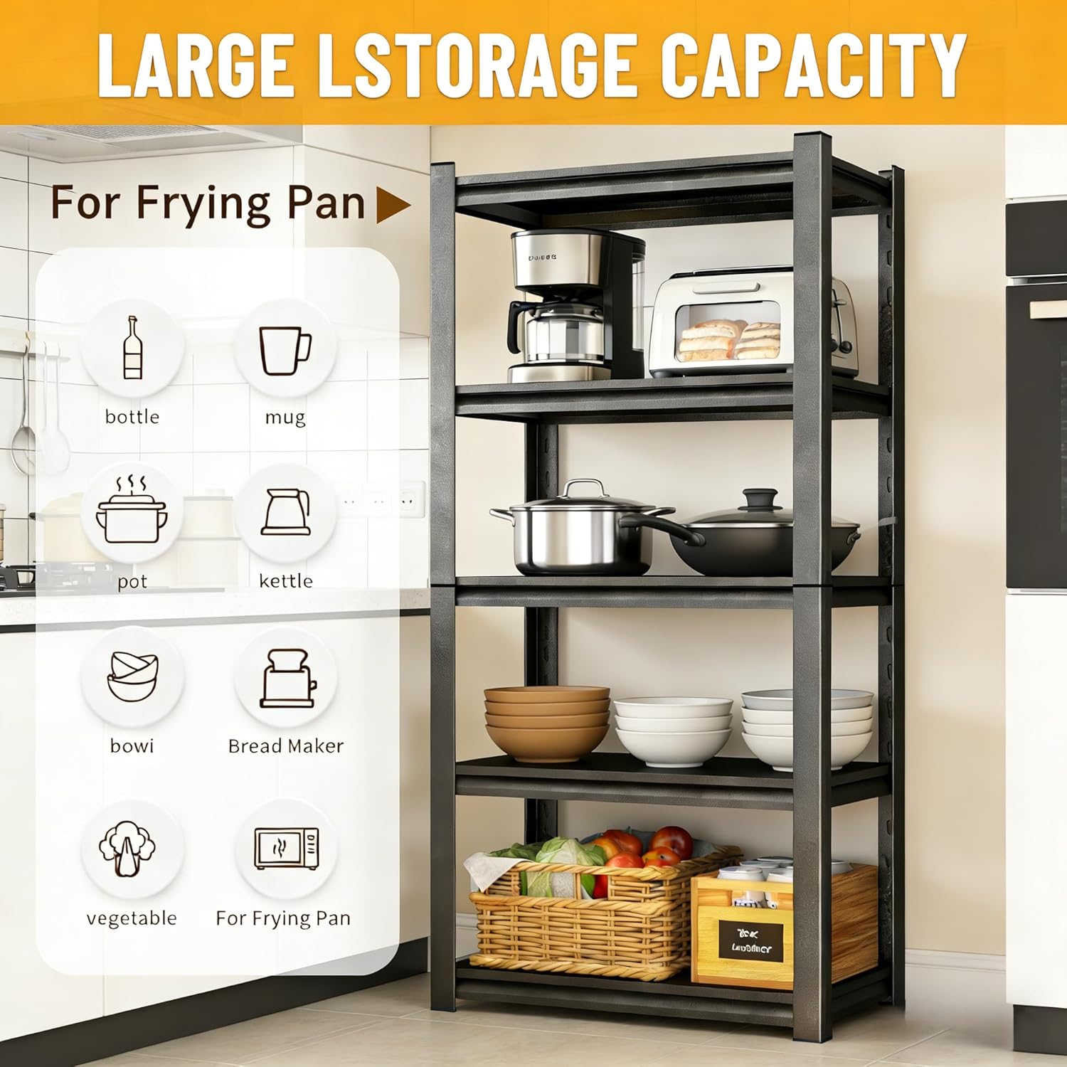 5-Tier Pot Rack Adjustable Kitchen Shelf Heat Resistant 35.5" W x 71" H Metal Pantry Shelf with Storage 400lbs Per Tier Suitable for Pantry Dinning Room Black