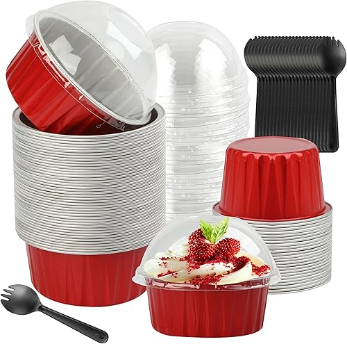 50 moldes para hornear con tapas, moldes de aluminio de 4 onzas con tapas, recipientes desechables para moldes para pasteles, forros de aluminio