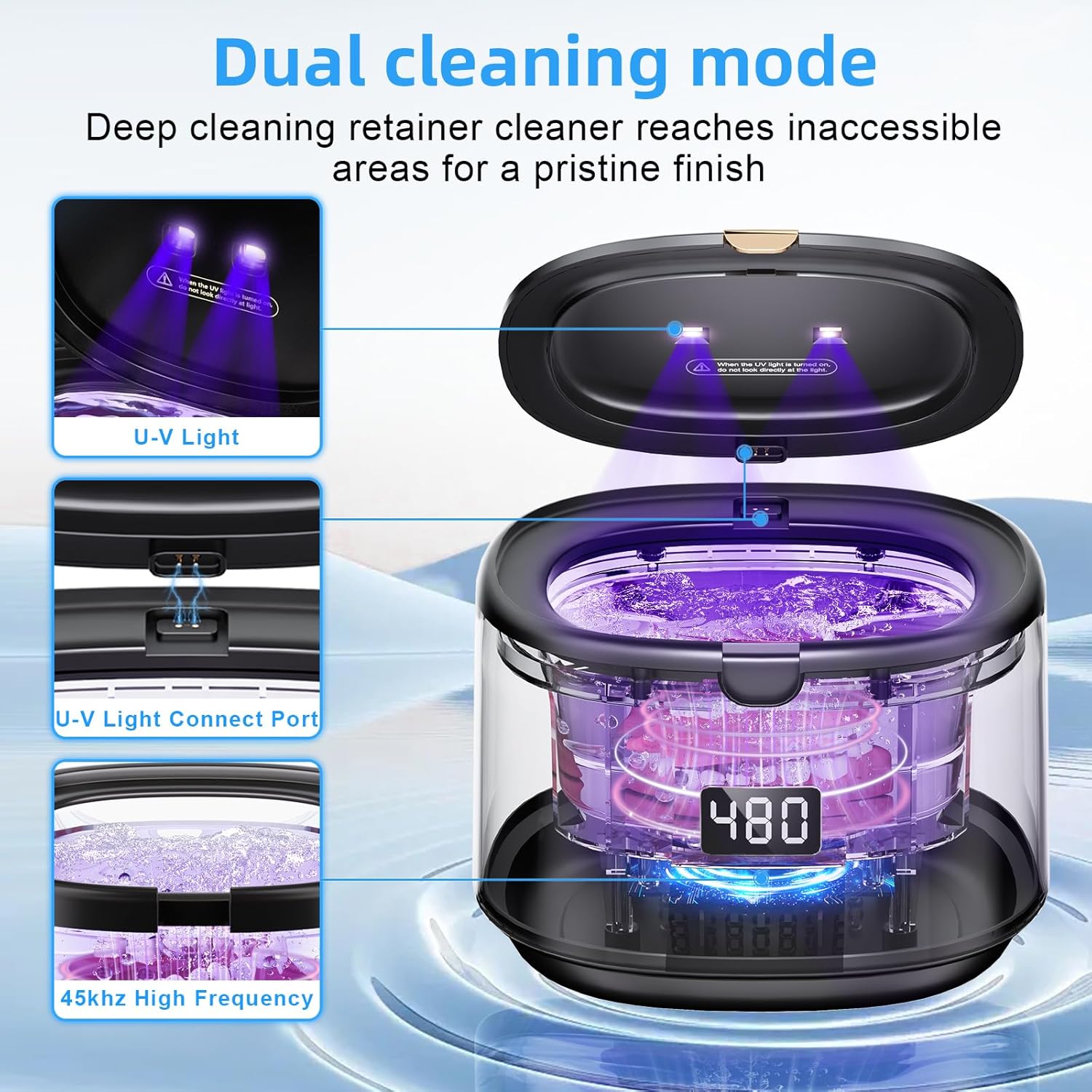 Ultrasonic Retainer Cleaner Machine Sonic Dental Cleaning Machine for Dentures, Aligners, Braces, Mouth Guards, Jewelry, Portable 30W/45kHz (Black) - Image 2