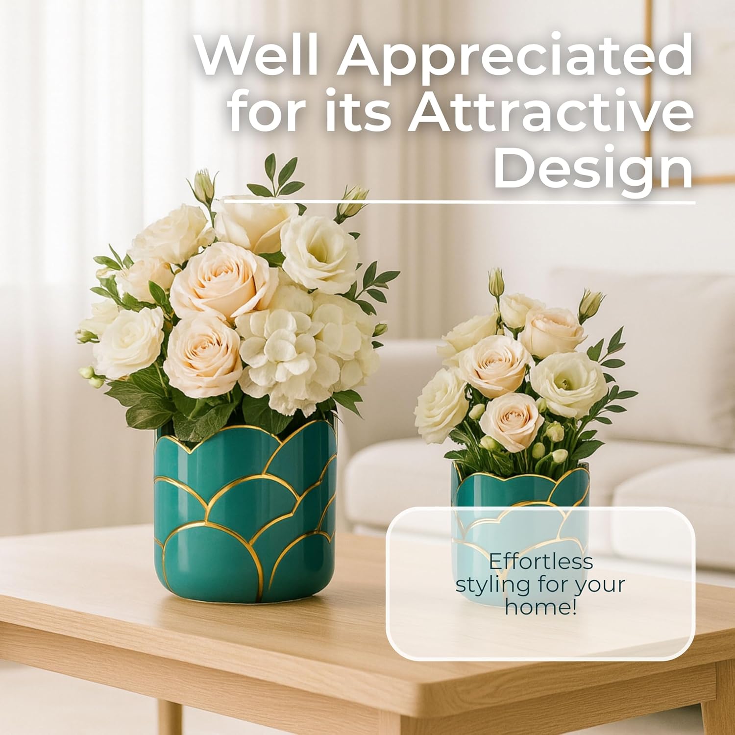 Set of 2 Ceramic Plant Pots for Indoor Plants – Planters with Gold Accents, Decorative Pots for Home Decor, Modern Indoor/Outdoor Ceramic Planter Set, Stylish Pot for Plants – 6/7", Turquoise