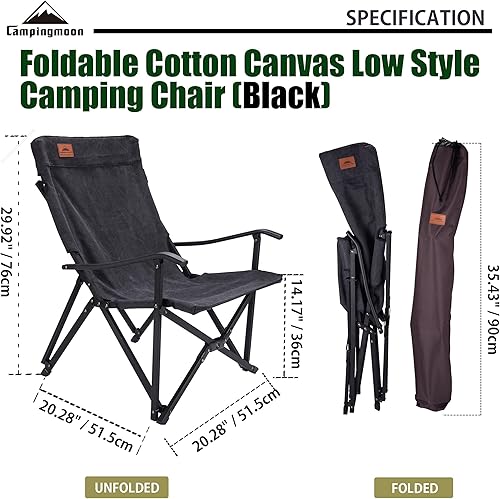 Vista 3 de CAMPINGMOON - Silla portátil de lona de algodón para fogata, fogata, estilo bajo, color negro, F-1003C-BK