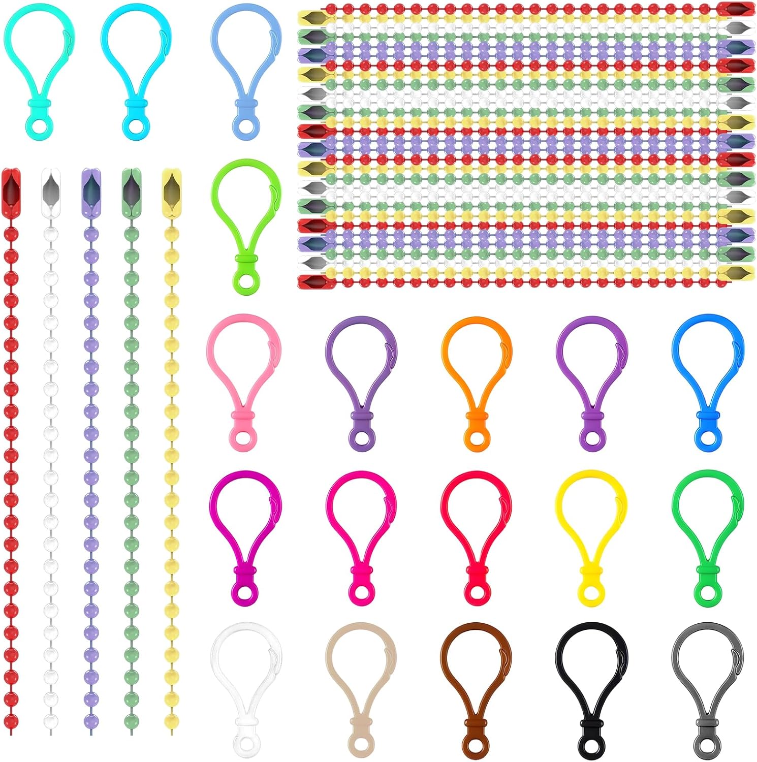 100PCS 4.7'' Ball Beads Chain Bulk, Mixed-Color Beads Chains for Jewelry Making, Bead Chain with Connector for Key Craft DIY, Keychain Clip Set with Easy-Open Closure & Attachment Hole