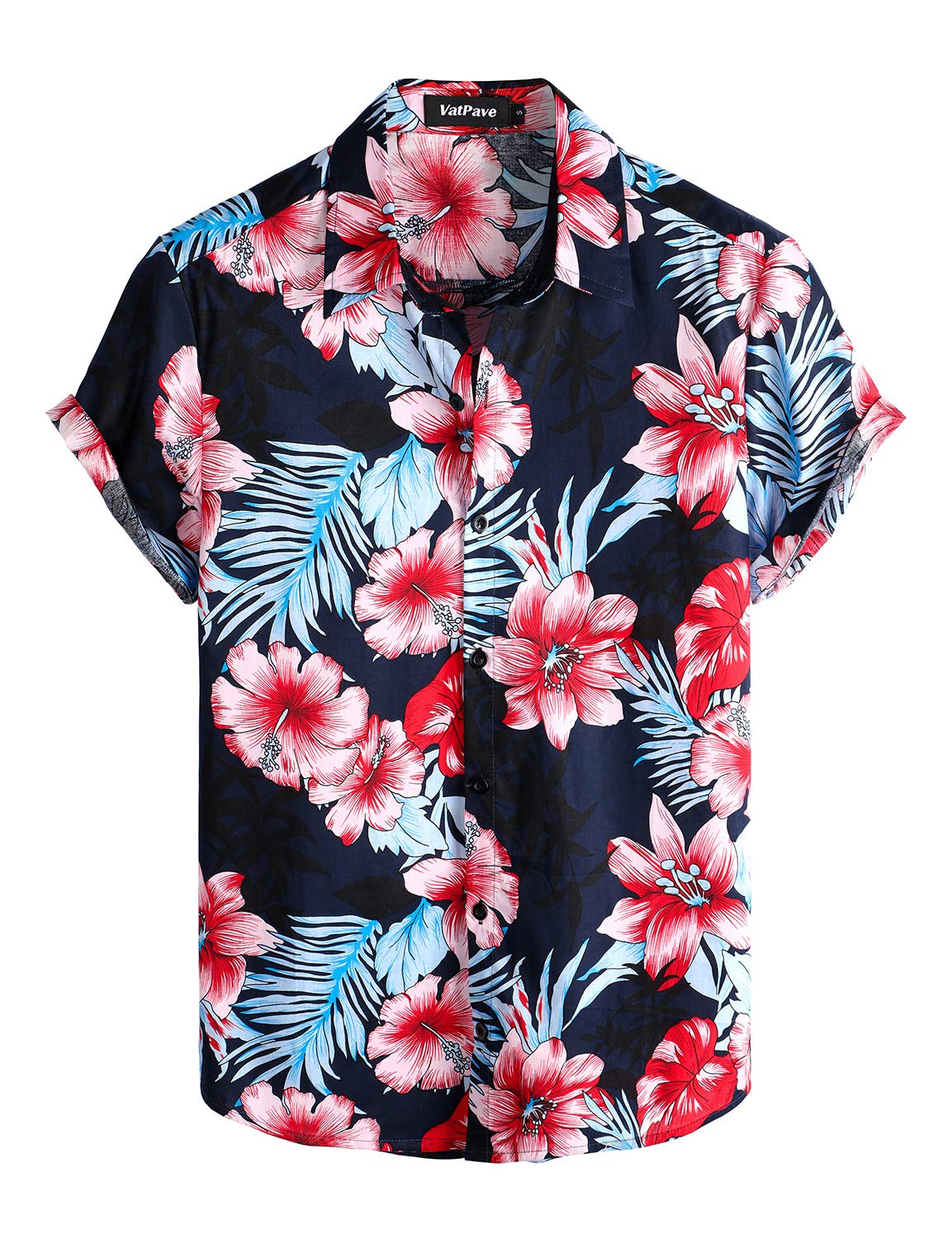 VATPAVEMens 100% Cotton Hawaiian Flower Shirts Button Down Short Sleeve Beach Shirts Summer Casual Aloha Shirts