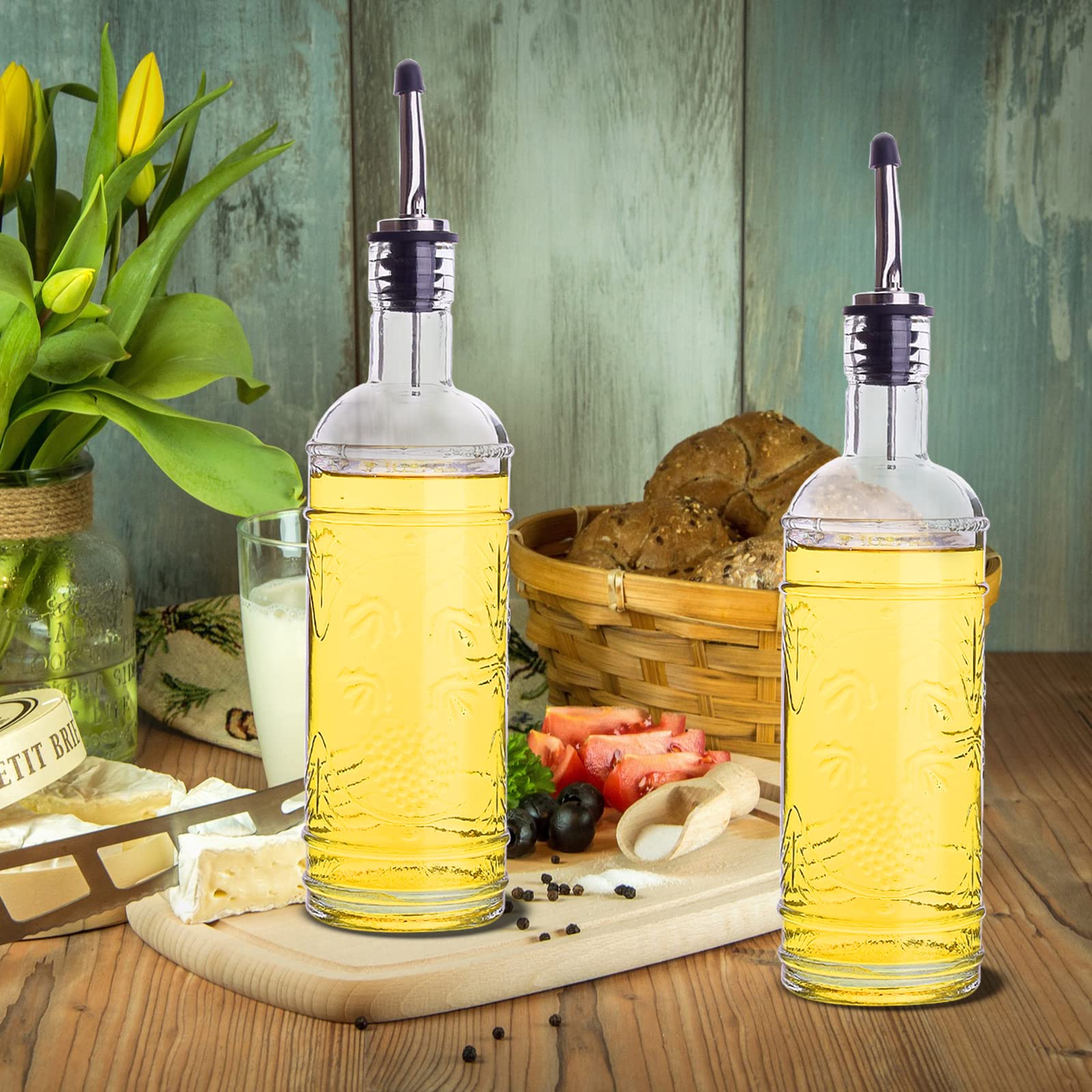 eleganttime Juego de 2 dispensadores de aceite y vinagre de vidrio de 16 onzas, botella dispensadora de aceite de oliva superior a prueba de fugas, fuerte con corcho para cocinar en la cocina, con