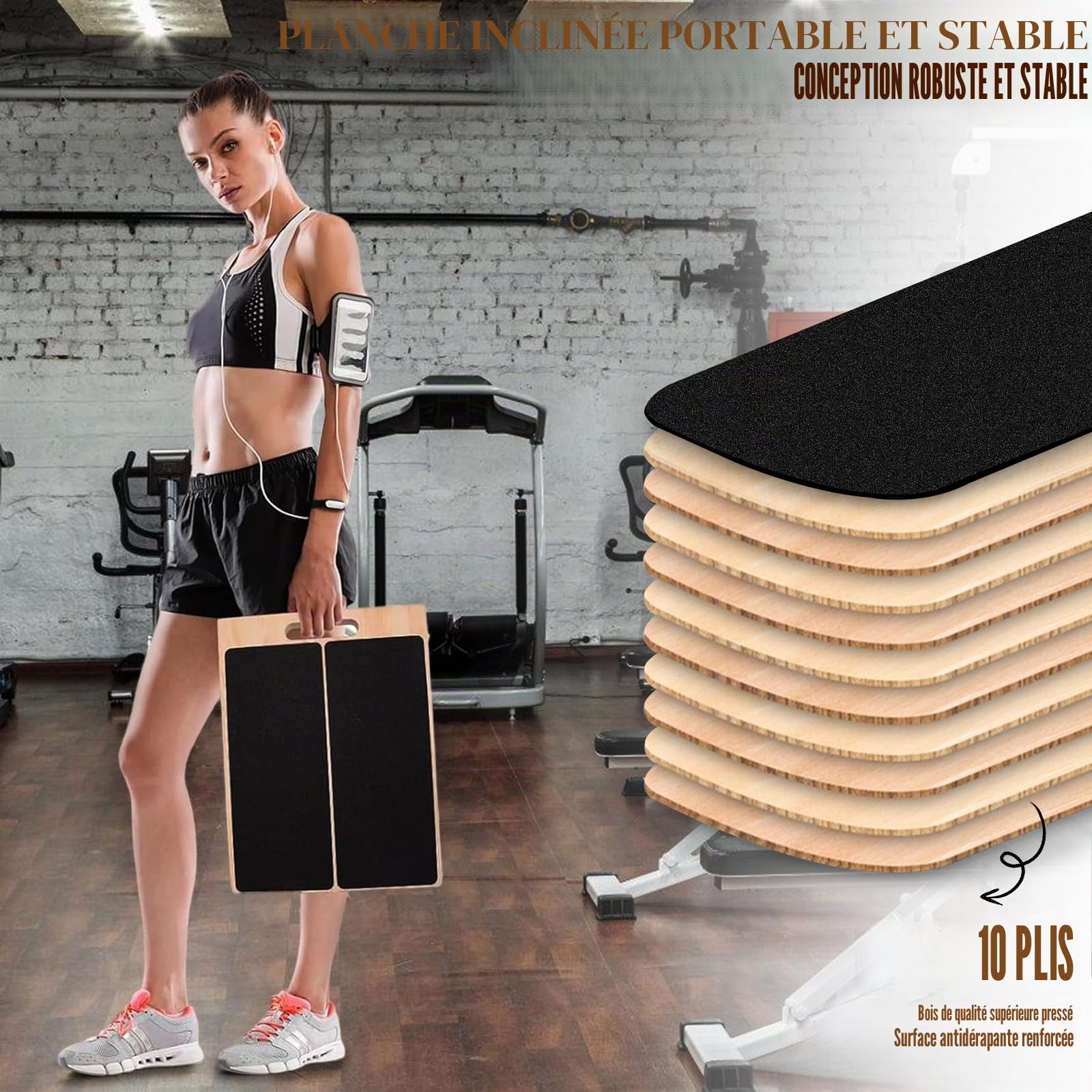 Planche d’Étirement Inclinée Réglable en Bois 40×30×4,5 cm avec 5 Bandes de Résistance – Planche Fitness Antidérapante pour Squats, Mollets & Rééducation – Inclinaison pour Yoga, Pilates et Kinésithér