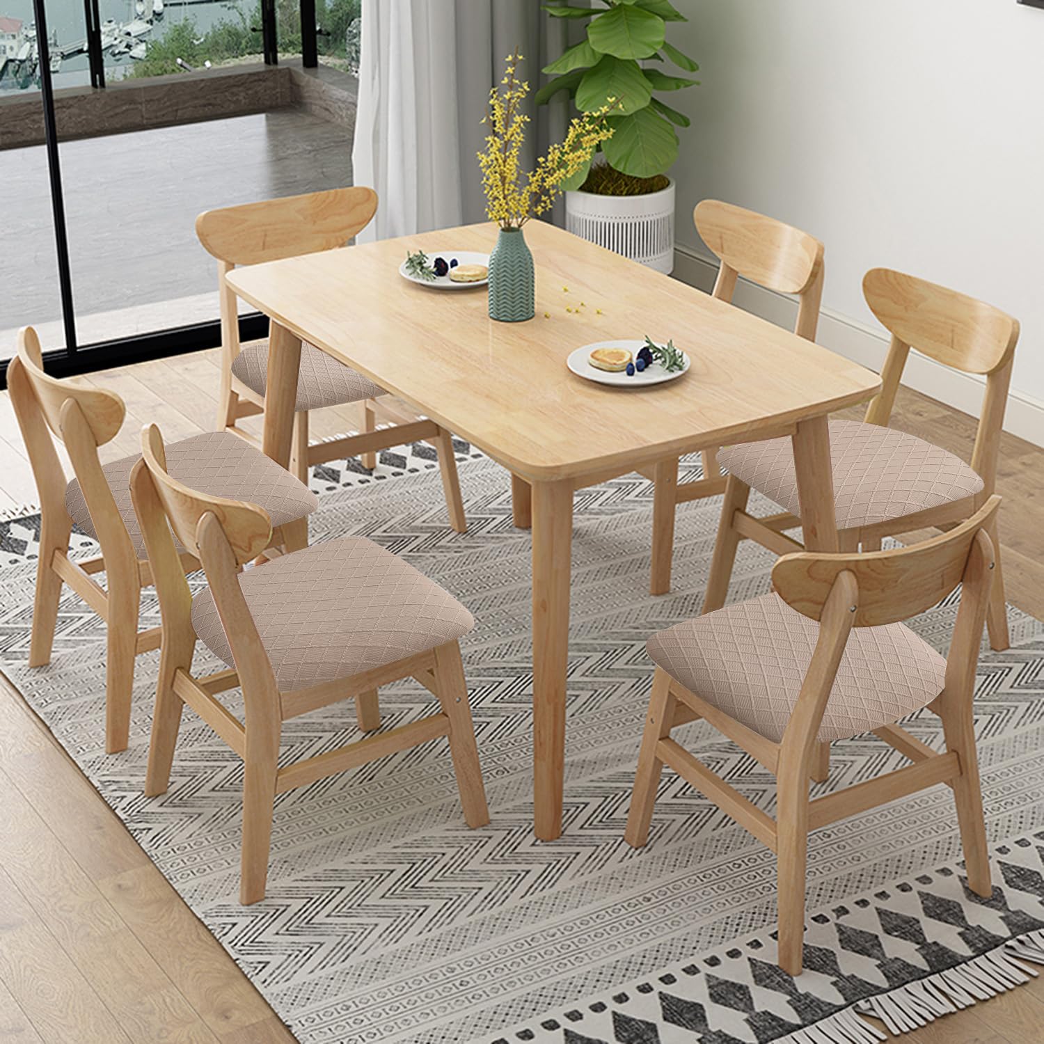 Fuloon Stretch Chair Seat Covers 6 PCS, Removable Washable Dining Chair Covers Anti-Dust Dining Room Seat Cushion Slipcovers (6, Khaki)