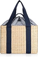 Picnic Time Parisian Insulated Seagrass Picnic Basket - 20 Can Capacity, Baguette-Friendly Tie Closure, Vintage Tote for Wine & Cheese Picnics (Beige/Navy)