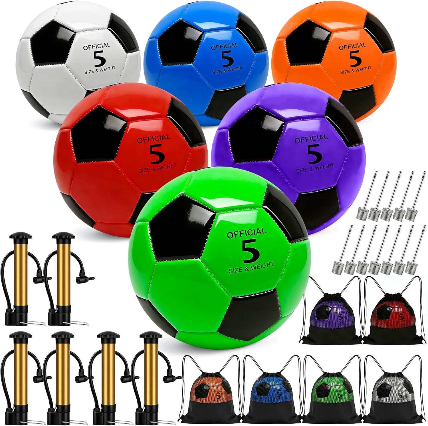 6 Pack Soccer Balls Size 5/4/3 Deflated Includes Soccer Ball with Pump and Net Bag, Pelota De Futbol Training Practice Sphere Competition for Indoor Outdoor