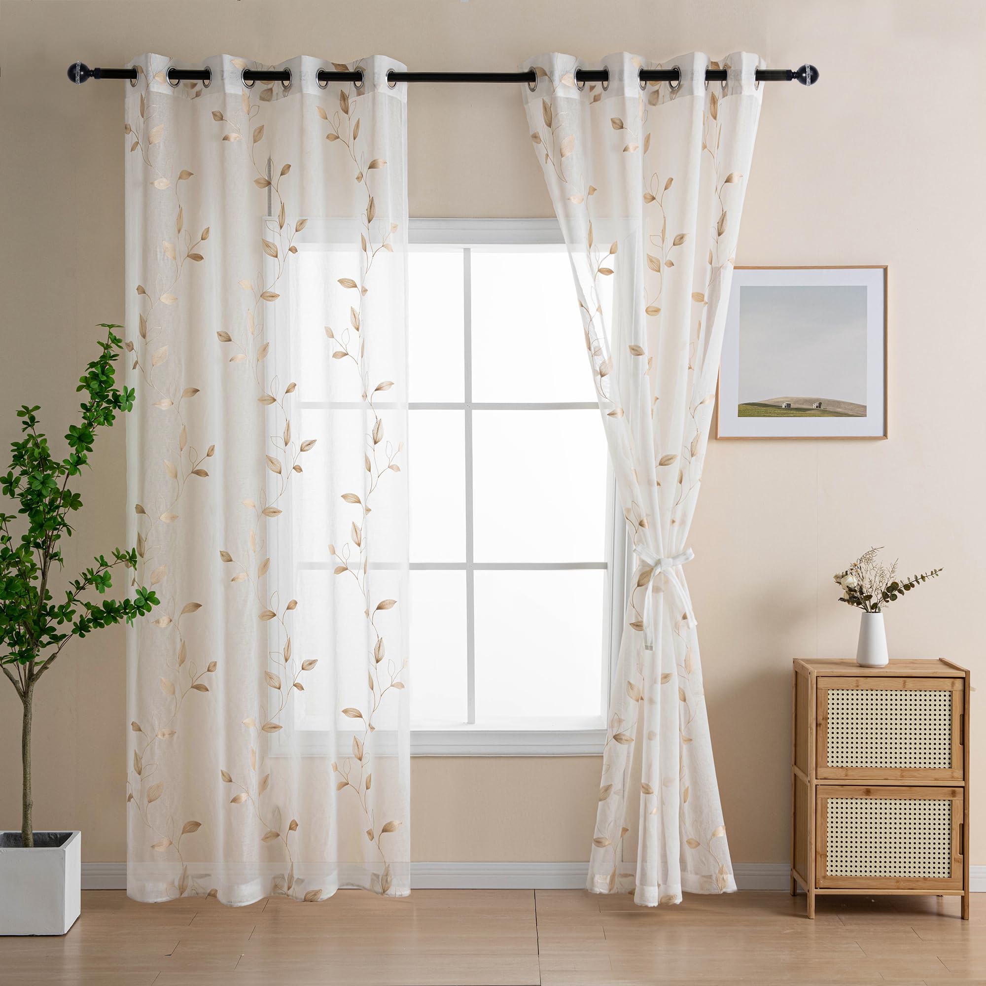 DWCN Embroidery Sheer Curtains Decoration Flora Design Grommet Window Curtain Semi Voile Drapes with Eyelets Window Treatments for Living Room Bedroom 2 Panels 52" W x 88" L Beige - Image 2
