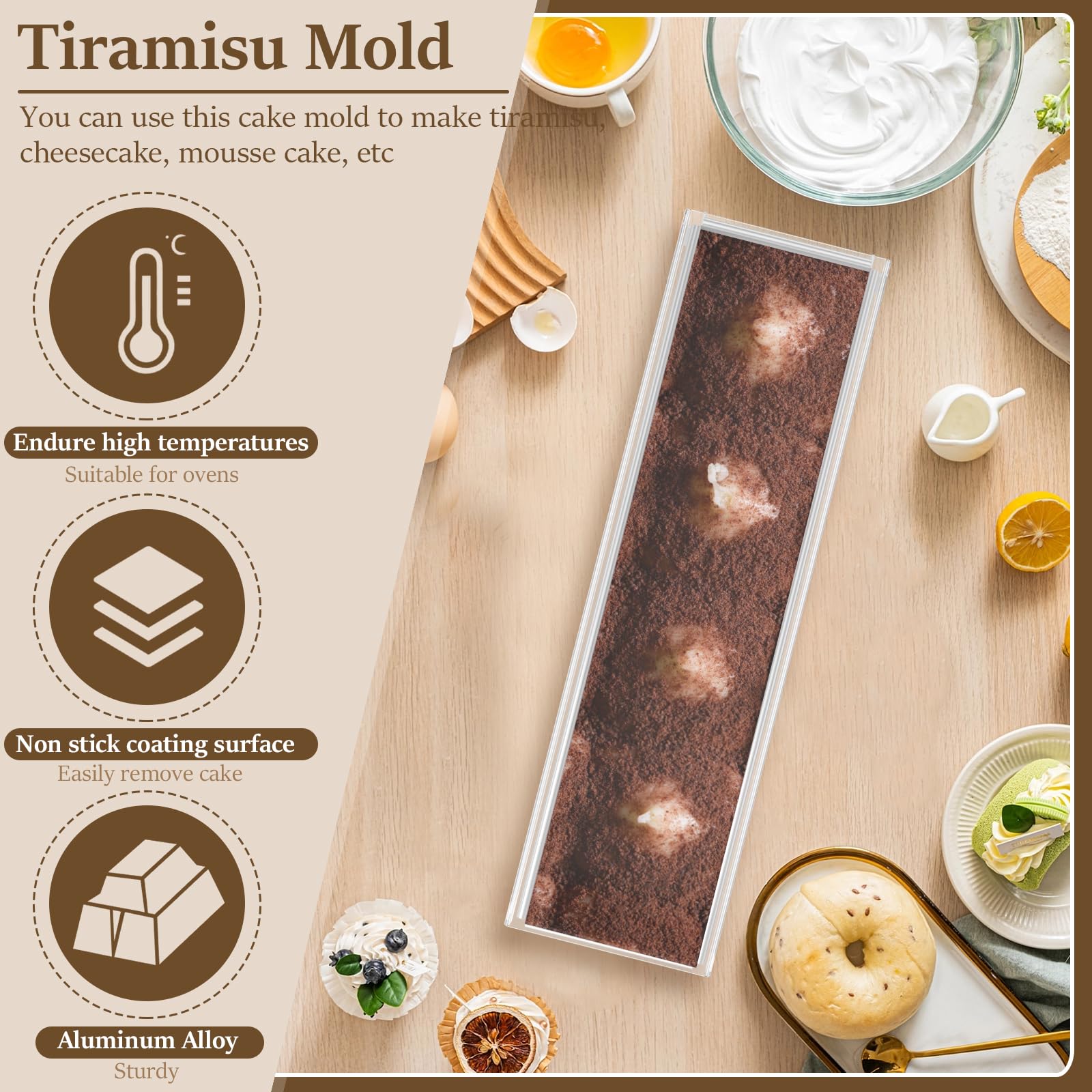 Tiramisu prostokątna forma do pieczenia, ze stali nierdzewnej, z pokrywką i zdejmowaną częścią boczną, nieprzywierająca forma do ciasta z powłoką zapobiegającą przywieraniu, materiał ze stopu