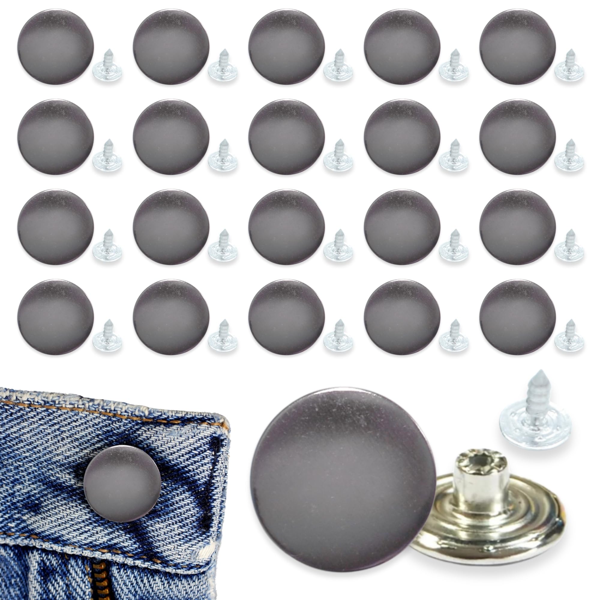 celloexpress 17mm Plain Silver Jean Buttons - Metal Hammer On Studs & Pin Backs - Replacement Parts Jeans Jackets (Pack of 20)