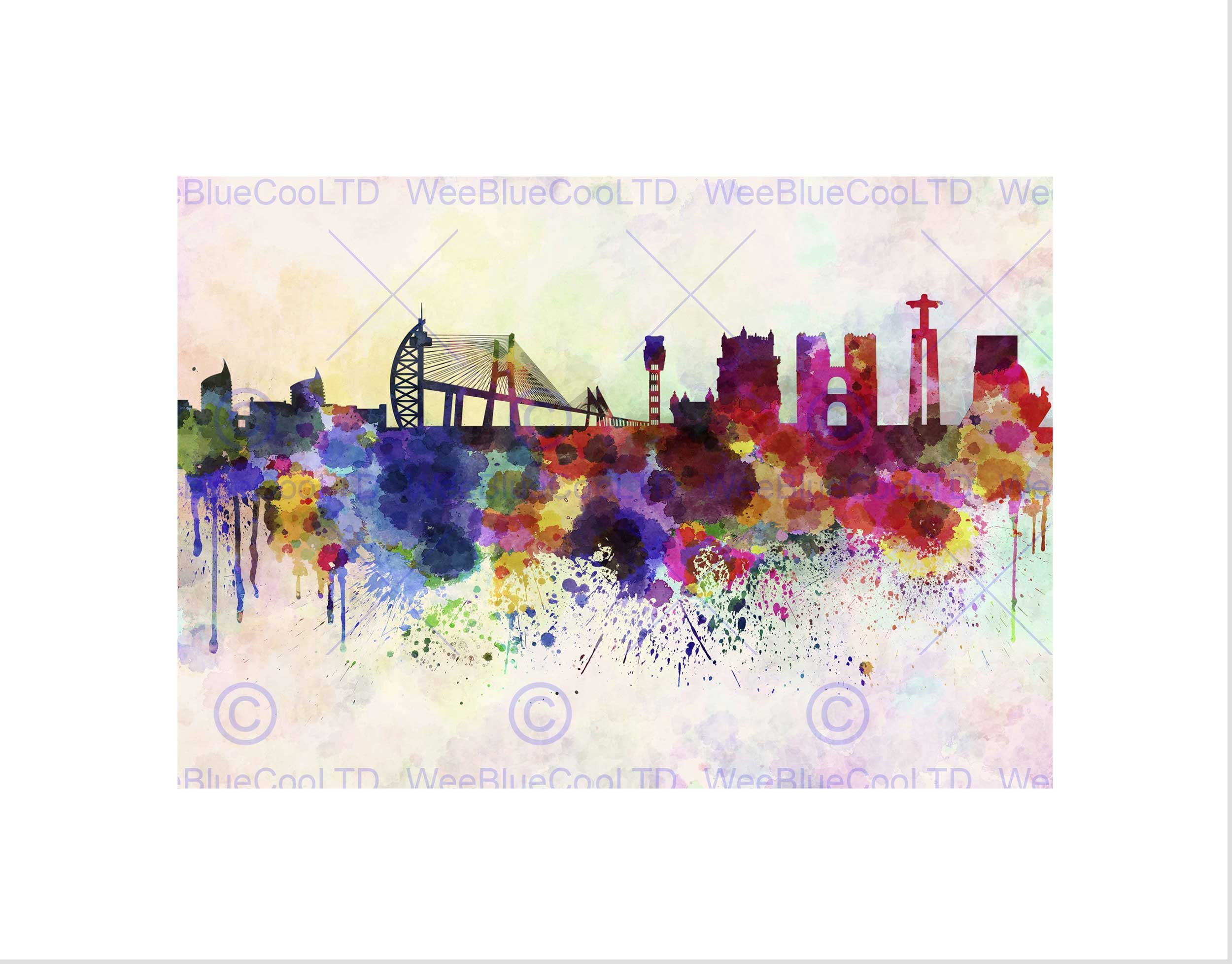 Wee Blue Coo Painting Cityscape Paint Splash Skyline Lisbon Wall Art Print