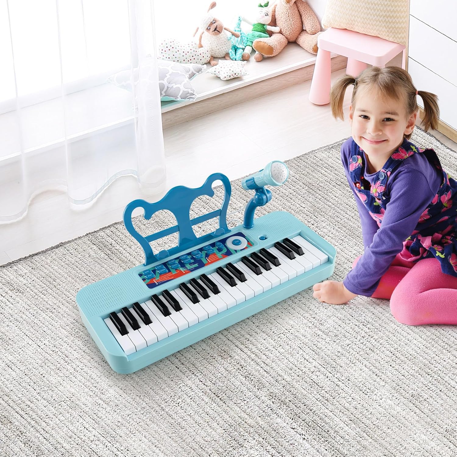 RELAX4LIFE Piano Infantil 37 Teclas con Micrófono, Taburete, Atril, Grabación y Reproducción, Volumen Ajustable, Karaoke Infantil con 22 Canciones, 4 Ritmos, 4 Instrumentos para Niños 3+ Años (Azul)