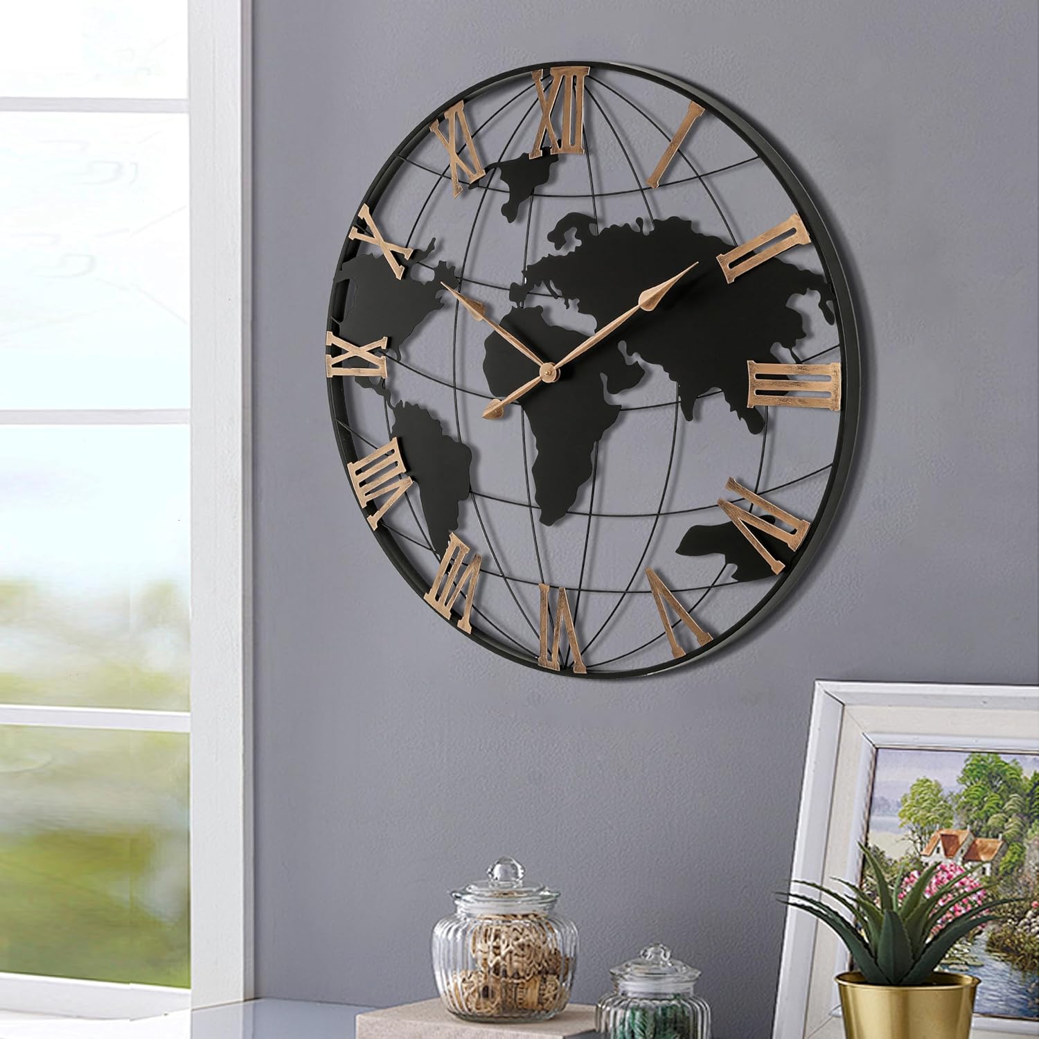36 Inch Large World Map Wall Clock, Black Metal Frame with Gold Roman Numerals, Modern Round, Silent Non Ticking Battery Operated, Easy to Read for Living Room, Entrance Fireplace, Dining Room
