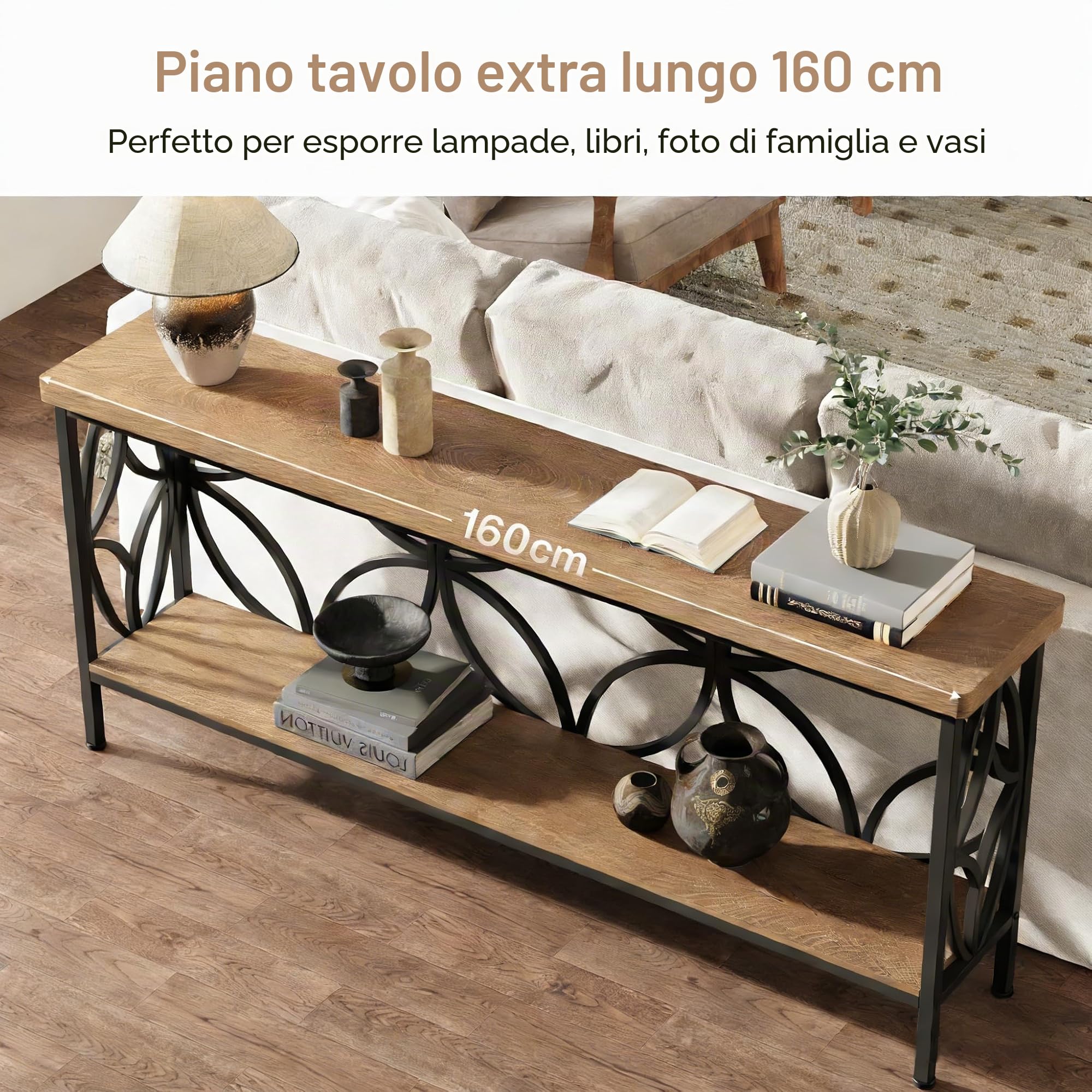 Tribesigns Tavolo consolle con ripiano, 160 cm, tavolino da corridoio, tavolino da salotto, design unico, per ingresso, corridoio, soggiorno, marrone chiaro