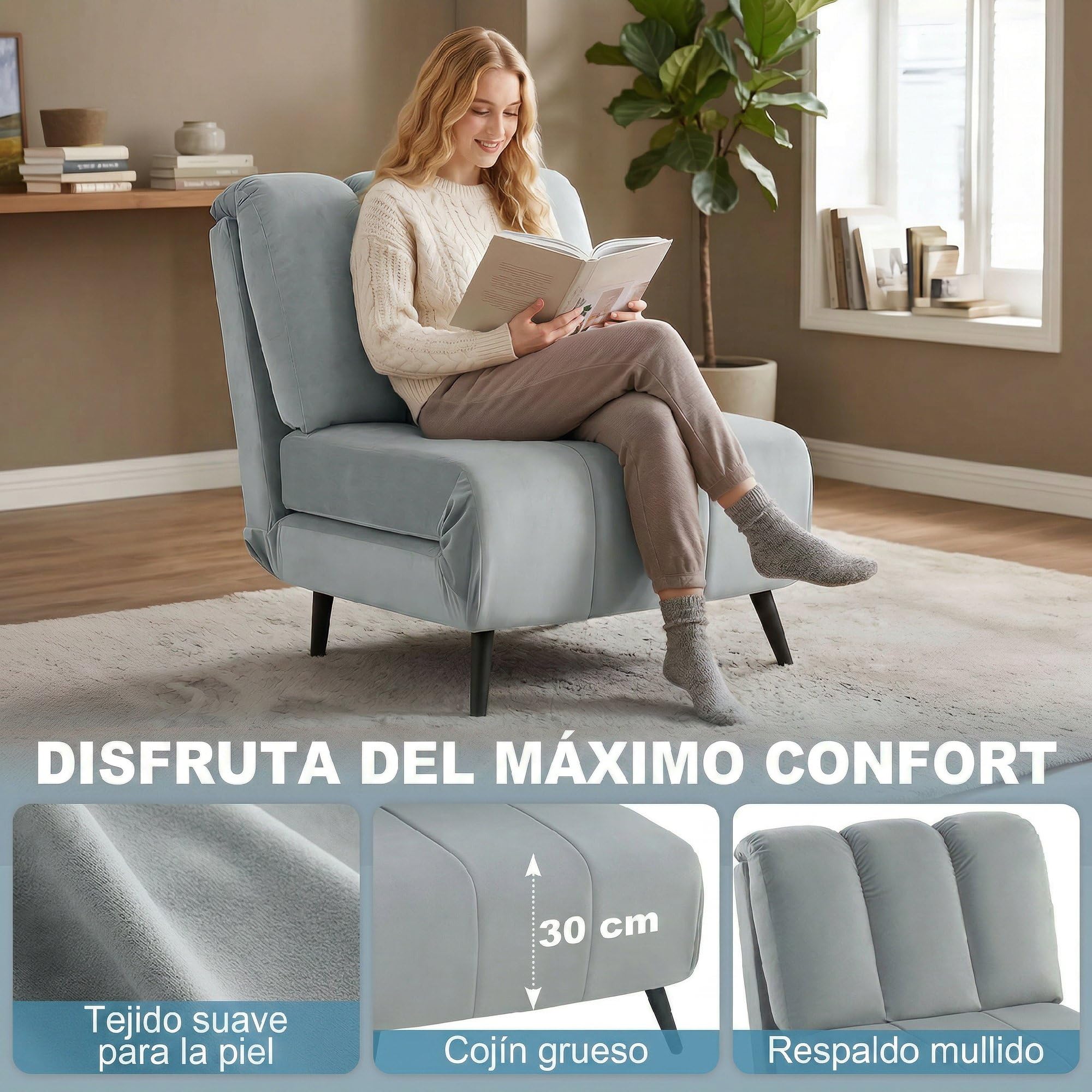 HOMCOM Sofá Cama de 1 Plaza 3 en 1, Sofá Cama Plegable Tapizado en Terciopelo con Respaldo Ajustable en 3 Niveles, Cojín Grueso para Dormitorio, Salón, Oficina, Fácil Montaje, 72x88x87 cm, Gris