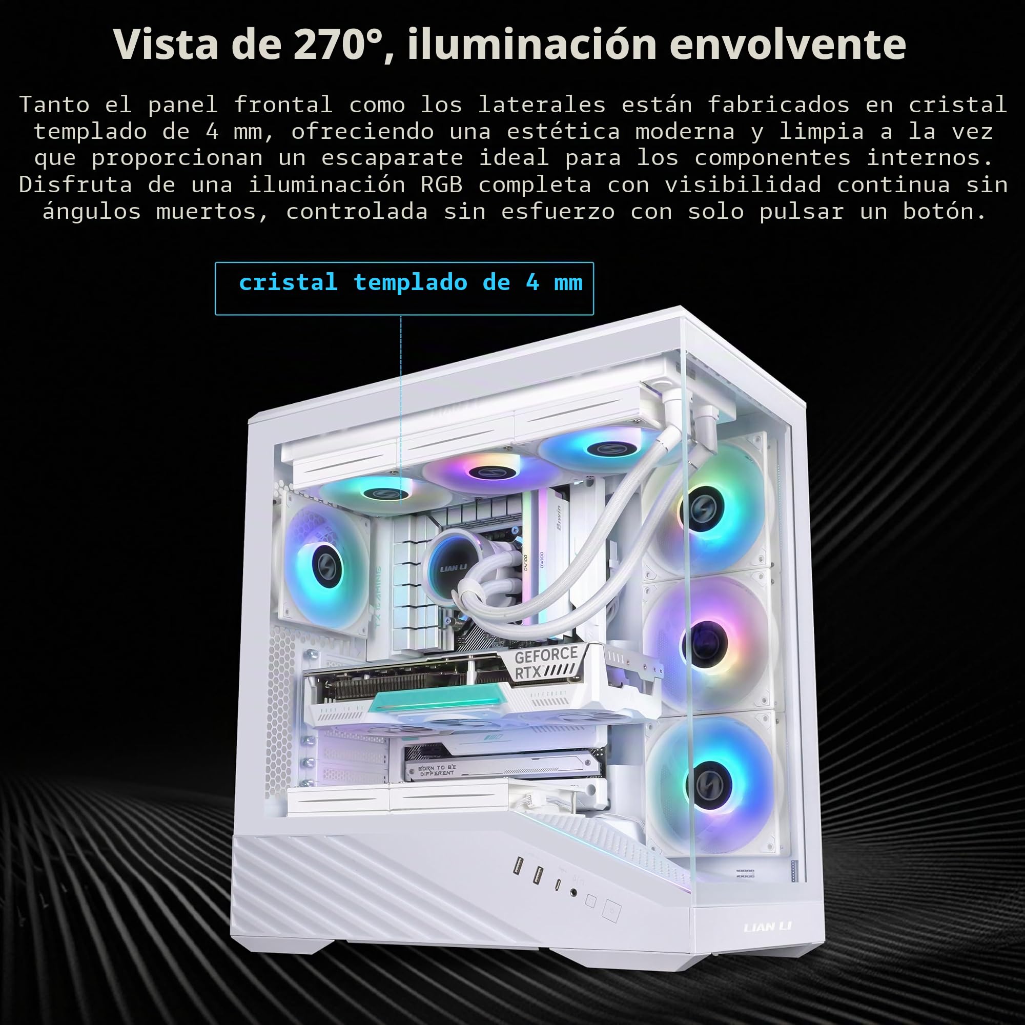 Lian Li V100 ATX - Carcasa de PC de Torre Media, 4 Ventiladores ARGB PWM de 120 mm preinstalados, Tira LED RGB, Plataforma de visualización con Vidrio Templado, Compatible con GPU de 420 mm, radiador | 4 ventiladores ARGB PWM de 120 mm preinstalados, tira