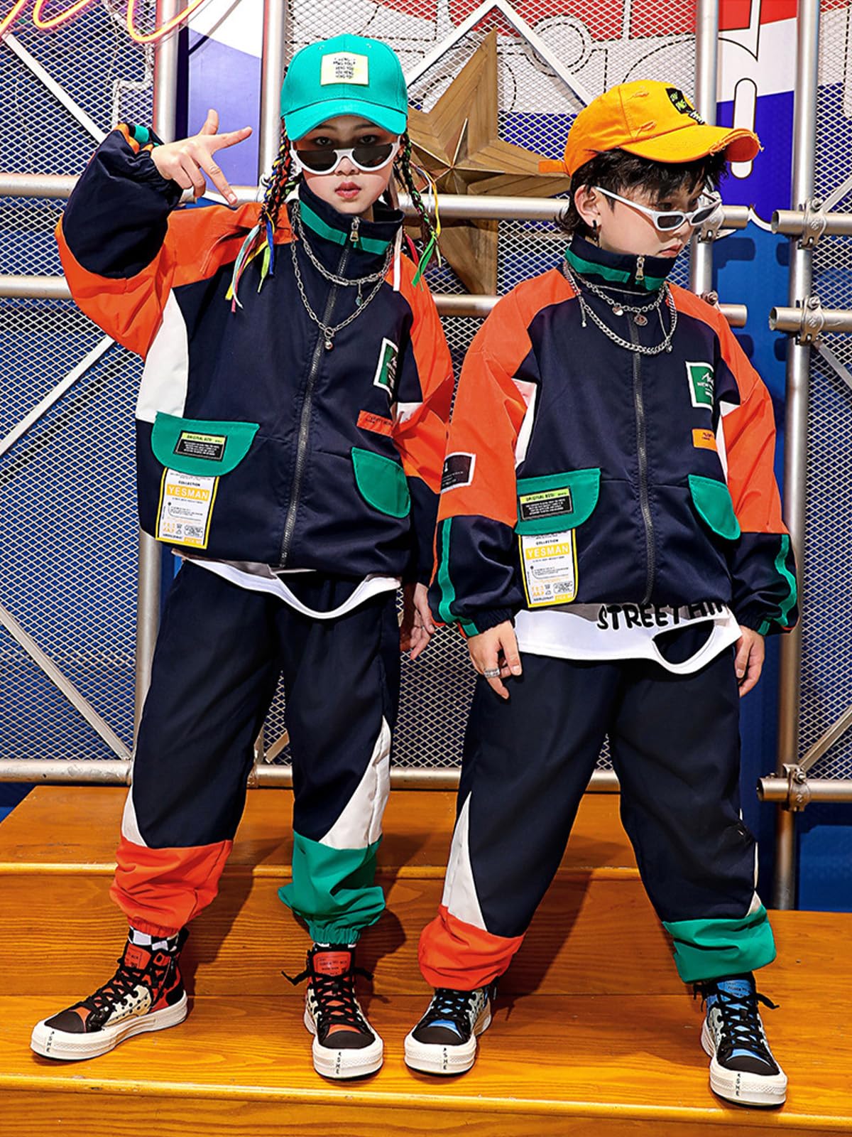 Lolanta Completo Hip Hop per Bambini 2 Pezzi, Tuta da Danza con Giacca a Zip e Pantaloni Jogger, Stile Retrò Color Block Streetwear Unisex