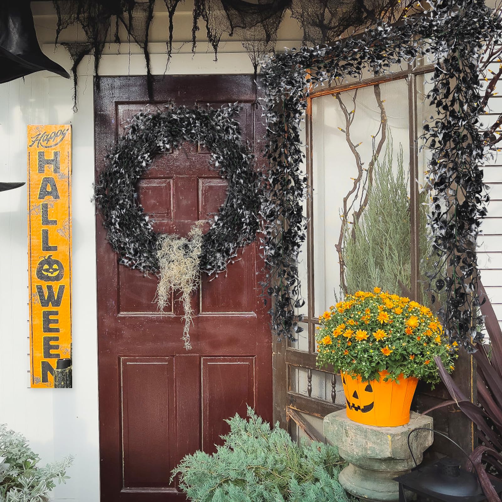 Edera artificiale da appendere piante di Halloween ghirlanda 2 pezzi 1,8 m finto nero bianco eucalipto foglie edera pianta finta pianta resistente ai raggi UV vite in plastica per interni ed esterni
