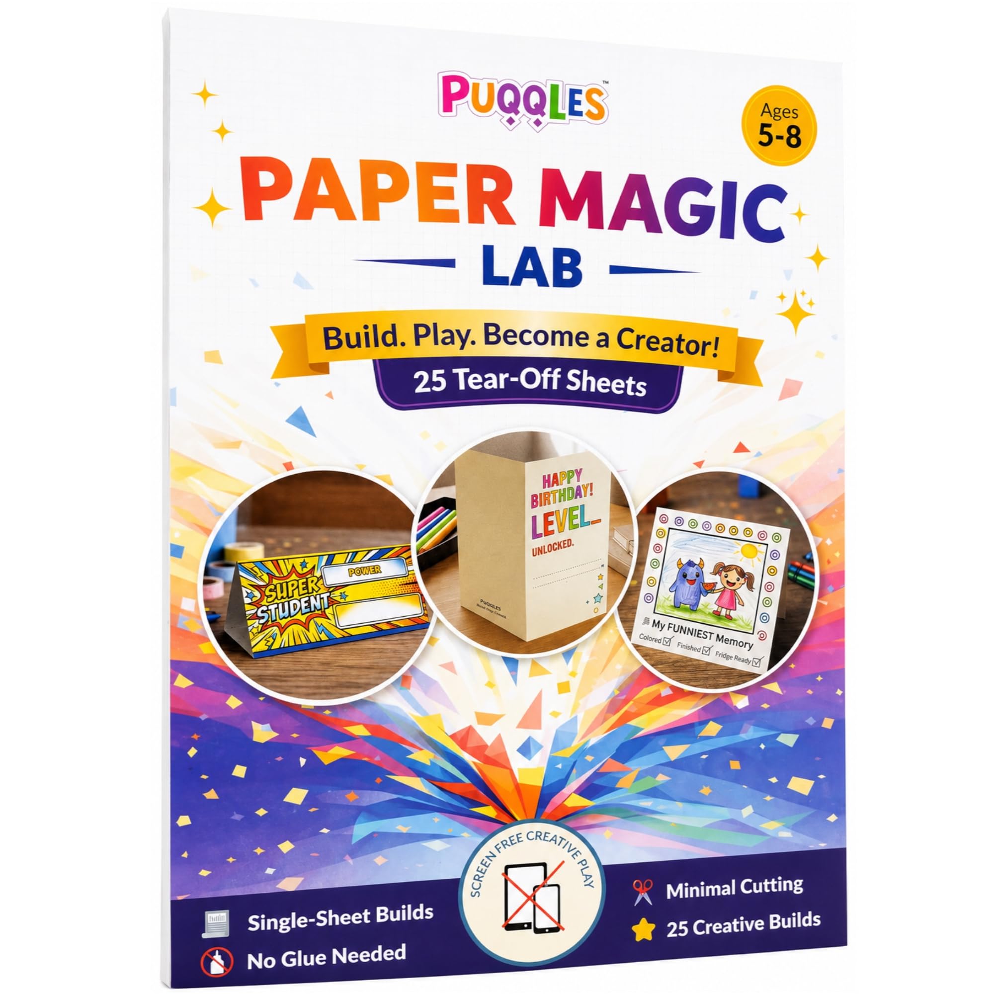 PUQQLES Paper Magic Activity Book for Kids Ages 5–8 | 25 Tear-Off Build, Fold & Play Projects | No Glue Needed | DIY Craft Activities, Travel Fun & Screen-Free Creative Learning