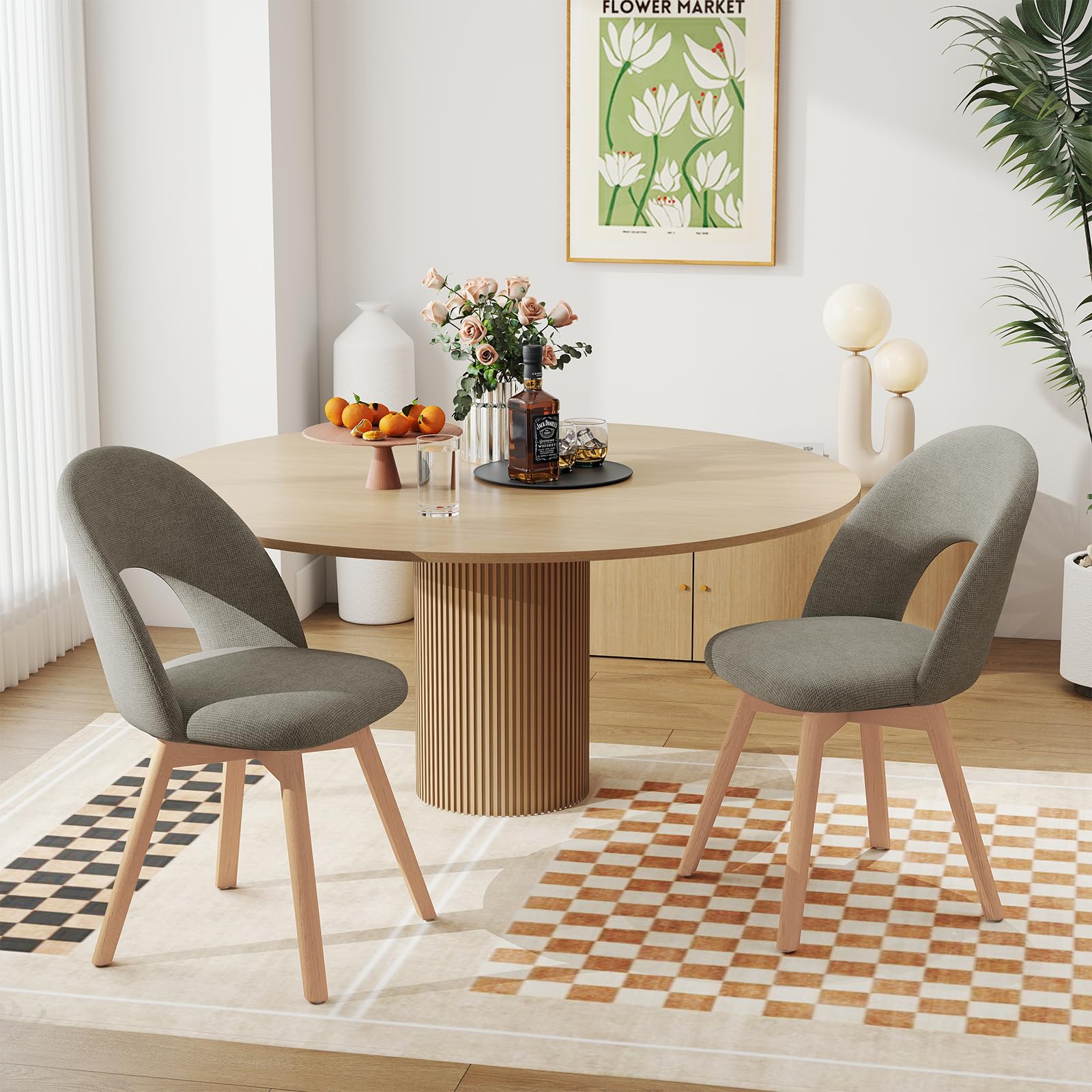 WAFTING Sillas de Comedor giratorias Patas Madera, Pack 4，Marrón Oscuro | Giratorio 360° silencioso, tela de lino gruesa con respaldo calado transpirable, apto para comedor, cocina, sala