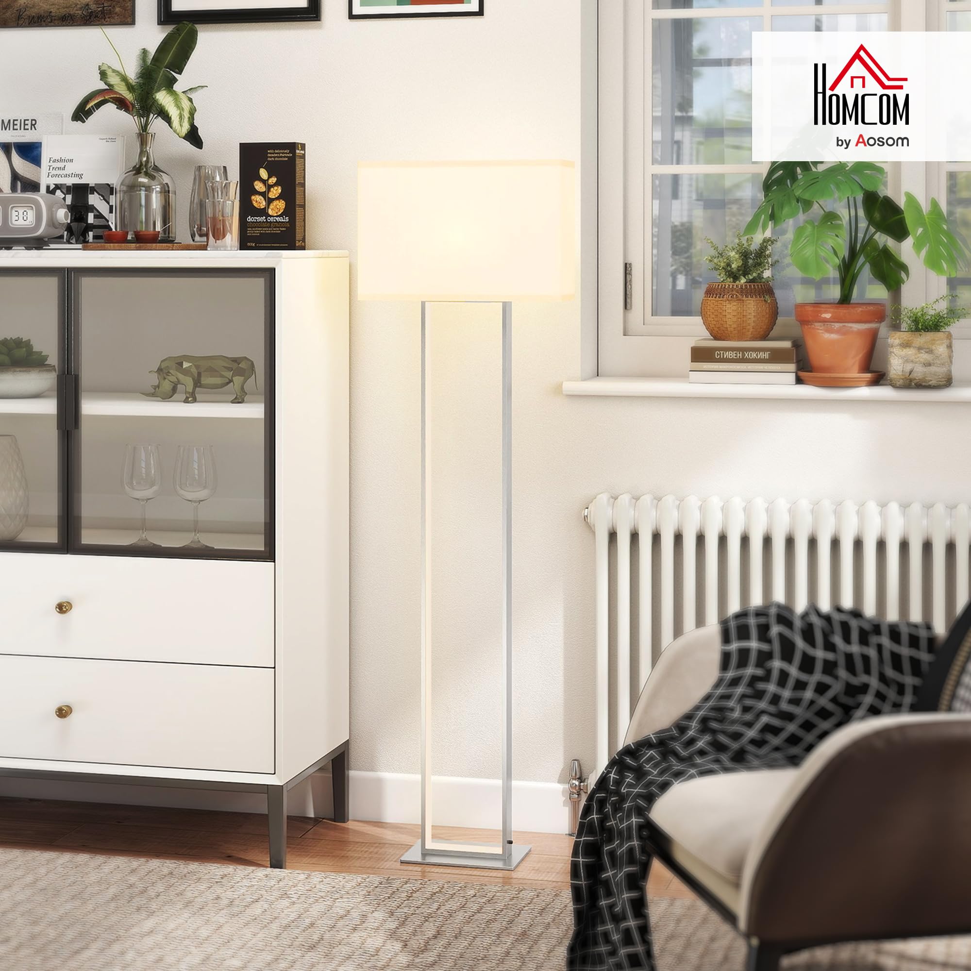 HOMCOM LED Stehlampe Wohnzimmer Stehleuchte mit Leinen-Lampenschirm, minimalistische Standleuchte Nachtleuchte für Schlafzimmer Weiß
