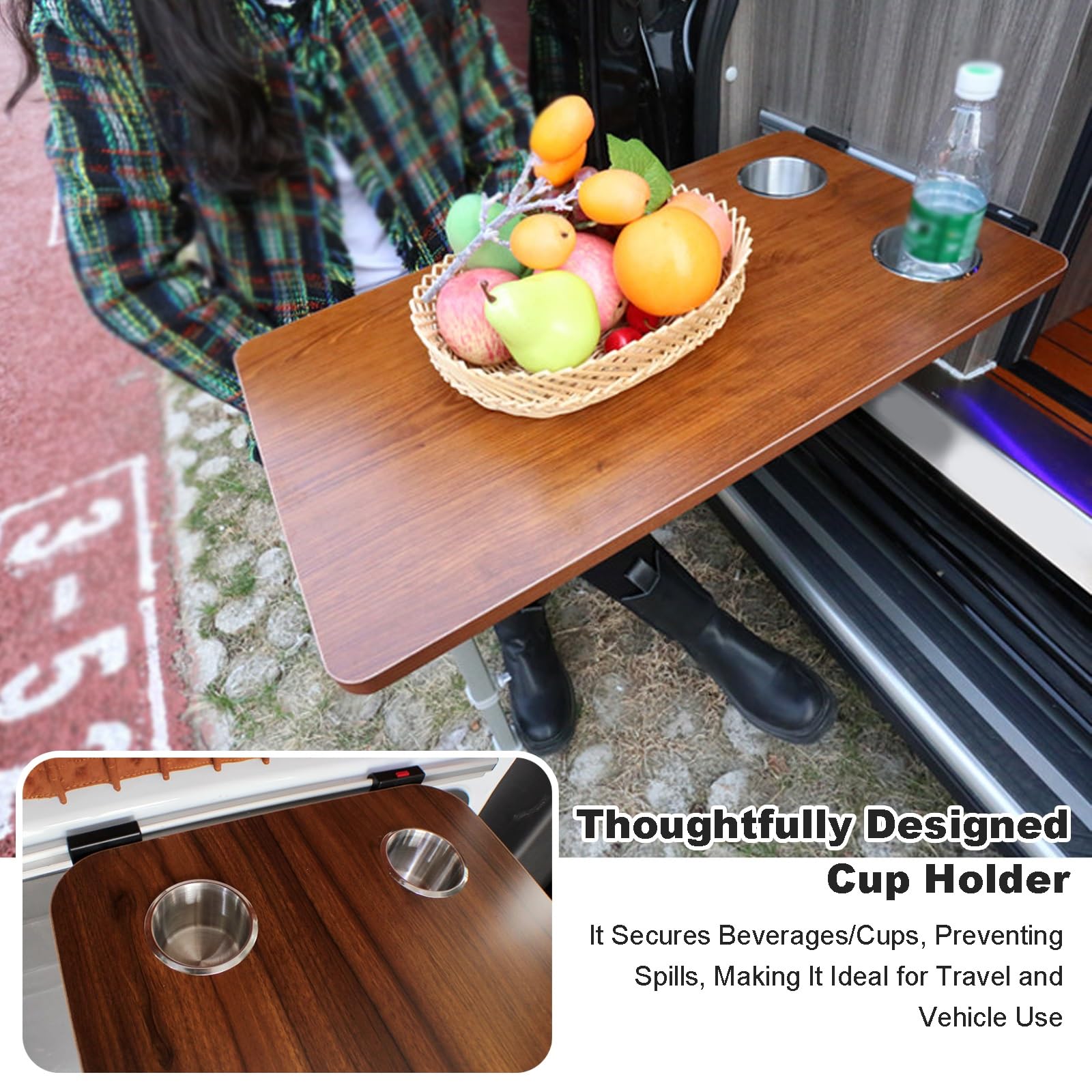 Wohnmobiltische, Wandmontierter Klapptisch mit Teleskopbeinen und Getränkehalter für Camper, Wohnmobile, Wohnwagen und Yachten(Brown)