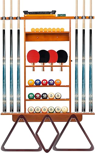 Soporte para palo de piscina de montaje en pared, palo de piscina 2 en 1 y soporte de paleta de ping pong, estante de madera maciza con