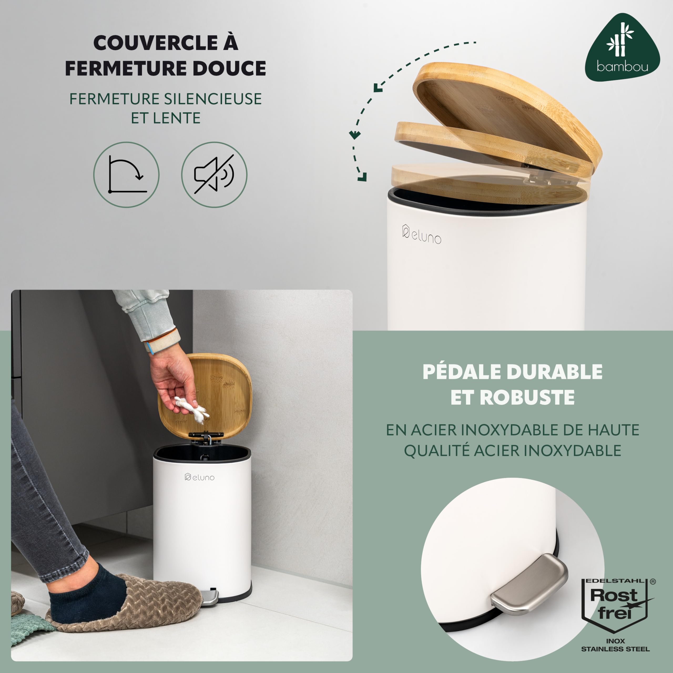 eluno Framura - Lot de 2 accessoires de salle de bain - 1 poubelle de salle de bain avec couvercle à fermeture douce et une capacité de 5 litres et 1 ensemble WC - En métal avec couvercle en bambou