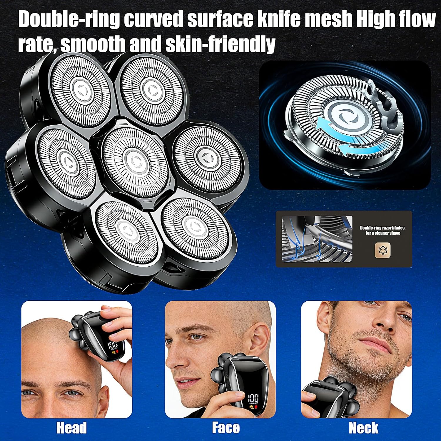 7 Head Shaver Replacement Heads for Freebird Bald Men, Head Shavers for Men,Shaver Replacement Blades for SHPAVVER/Wyklaus/Cyruzi Shaver Head (Black/3count)