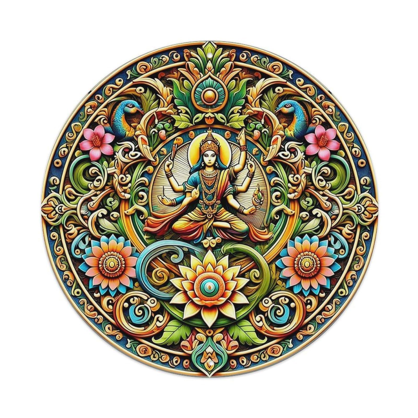 Ornate Divine Lotus Mandala Art Vintage Round Tin Sign Retro Metal Wall Decor Metal Poster, Home Bar Garage Cafe Wall Art Decoration 8x8Inches