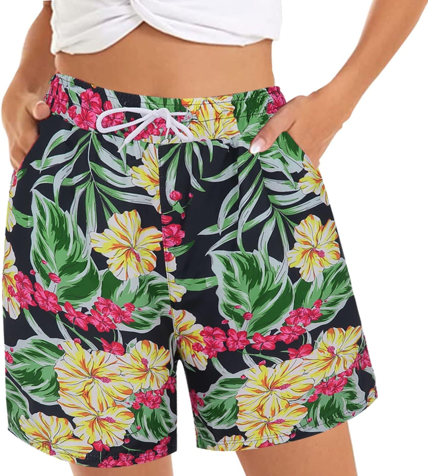 Women Swim Trunks Quick Dry Beach Board Watershorts Women's Casual Shorts Summer Comfy Beach Shorts Elastic Waist Floral Print with 2 Quick Dry Ladies Beach Shorts for Swimming
