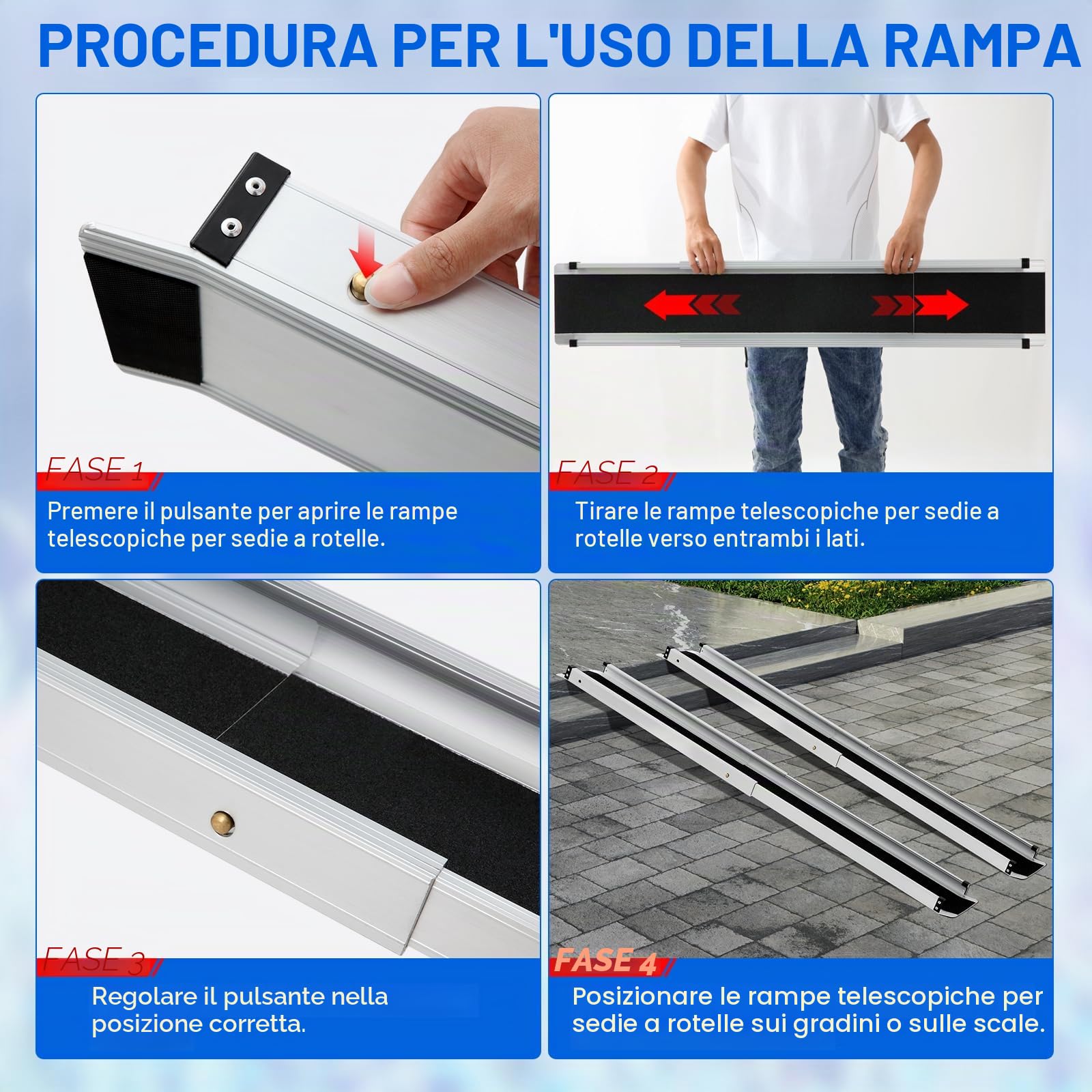 2PCS Rampa Telescopica per Sedia a Rotelle,Max 272 kg 76-122 cm Regolabile, in Alluminio, Antiscivolo, con Capacità di Carico Scale e Ostacoli, Passi in Casa Nella Borsa in tessuto