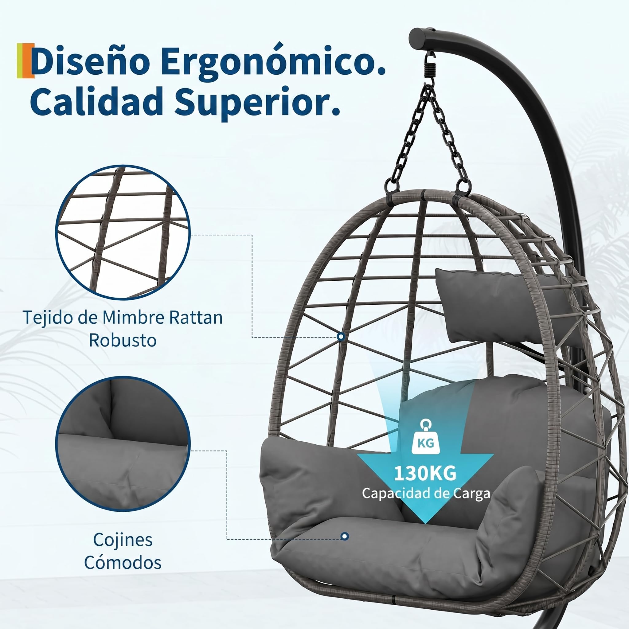 Garvee Silla Colgante de Huevo Plegable Vertical con Soporte de Acero Robusto, Cojines Impermeables y Funda Protectora para Jardín Terraza Balcón y Salón, Capacidad 150kg, Ratán Gris y Cojín Gris