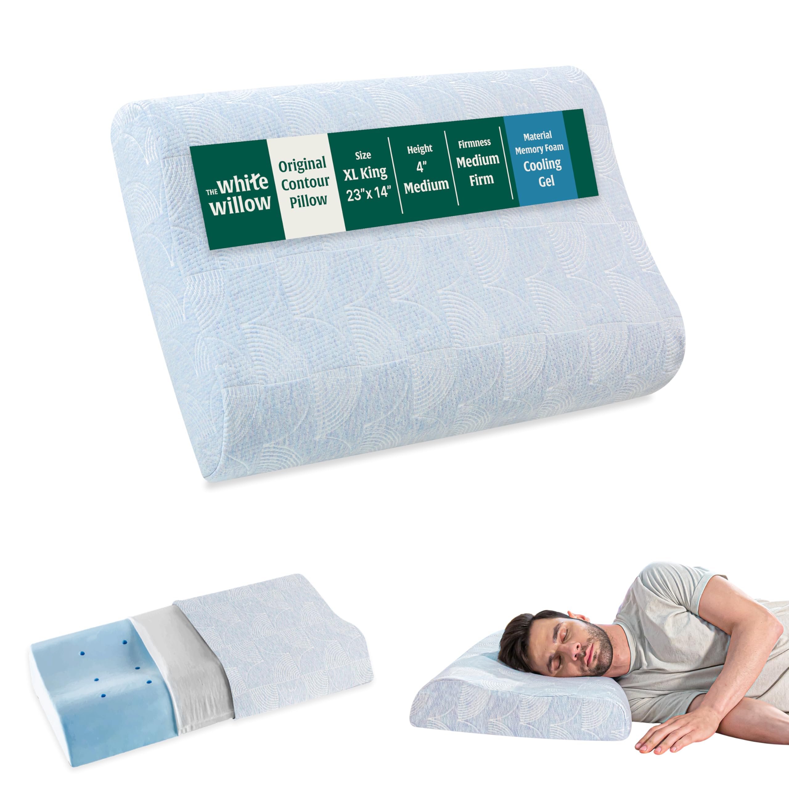 The White Willow Cervical Orthopedic Memory Foam Cooling Gel Queen Size Contour Neck Support Sleeping Bed Pillow with Removable Cover (23" L x 14" W x 4" H) -Blue