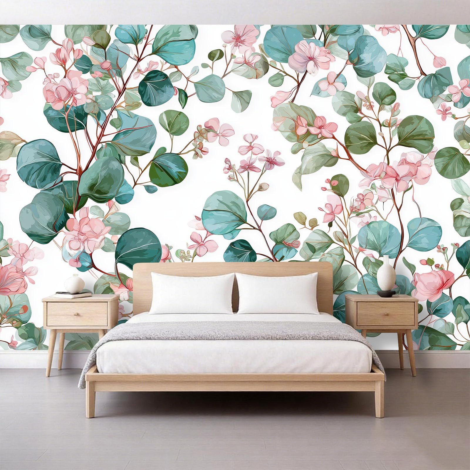 350 x 256 cm, fototapeta z włókniny, styl wiejski, z liśćmi eukaliptusa i kwiatami, tapeta fotograficzna, do salonu, sypialni, tapeta na flizelinie, tapeta ścienna, efekt 3D, zielona
