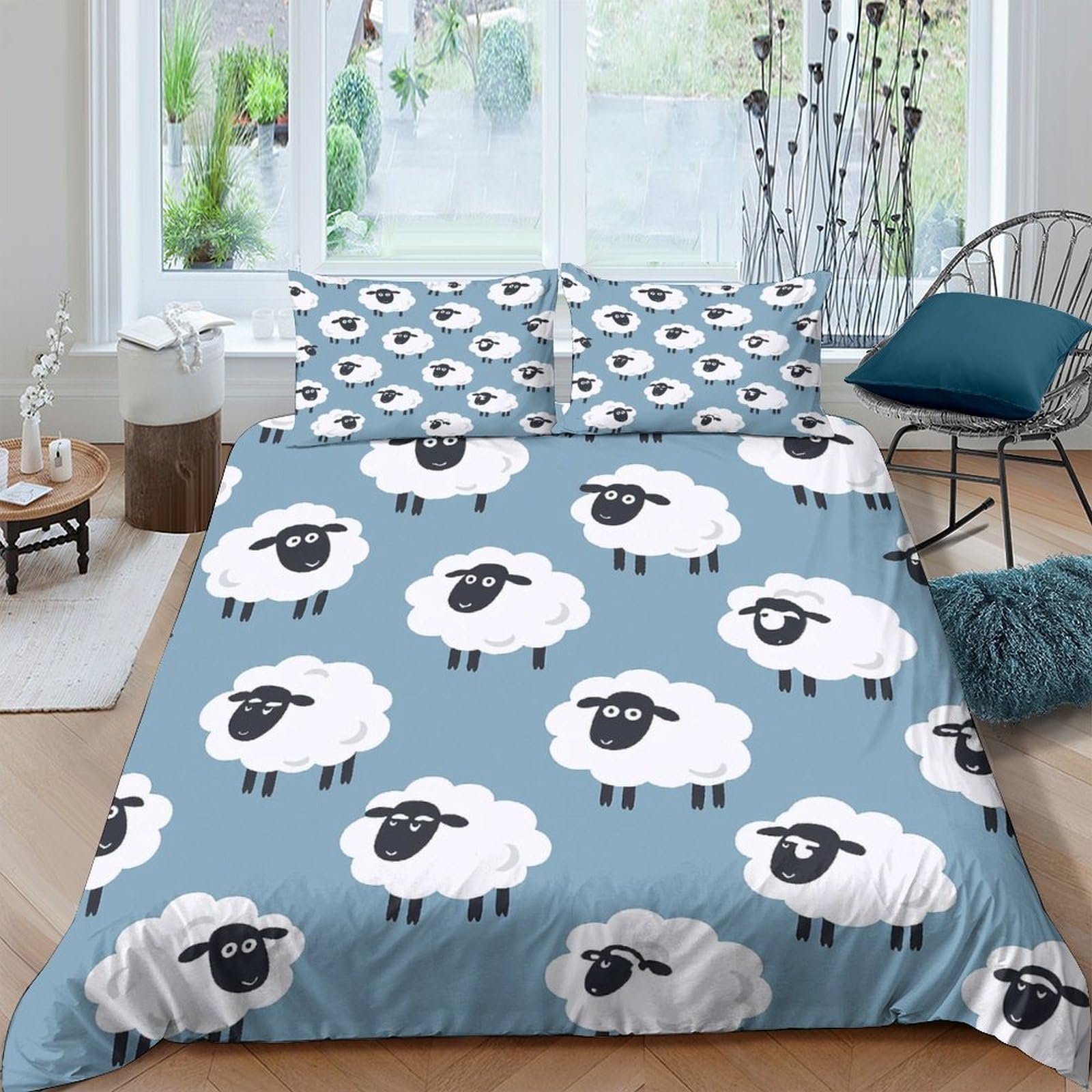 Ctjqhvkz Style-1 3D Printed Sheep Cartoon Fitted Sheet Microfiber Soft Blue Animal Bed Cover For Bedroom Dorm Mattress Protection Decor Single（135X200cm）