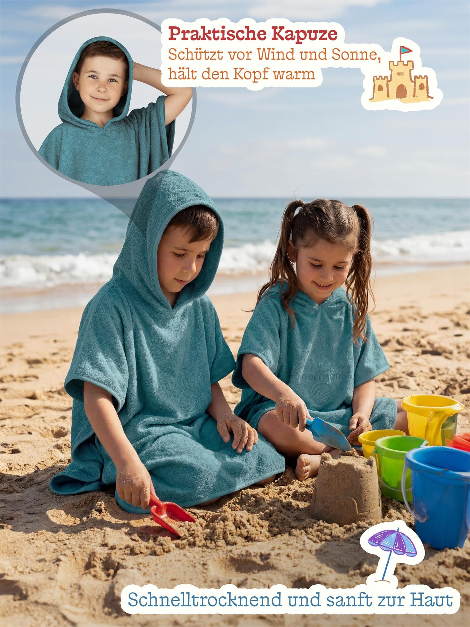 normani Kinder-Badeponcho Strandponcho - Handtuch-Poncho aus 100% natürlicher Bio-Baumwolle Handtuch Cape Badetuch mit Kapuze für Jungen und Mädchen 2-13 Jahre