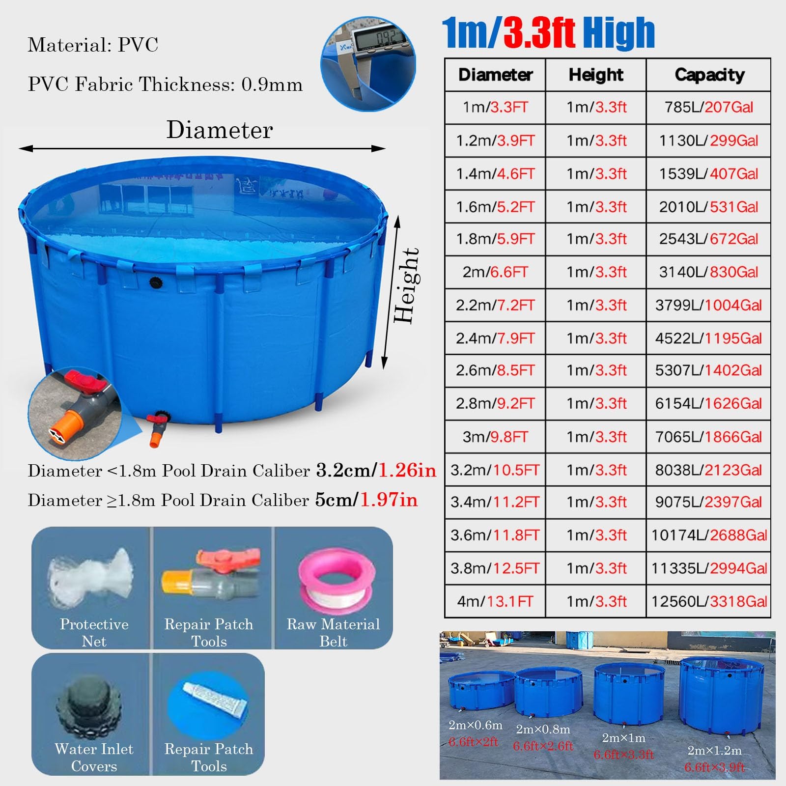 Piscine Hors Sol/Cadre Piscine Piscine Portable De 1 M De Profondeur avec Réservoir, Structure Non Gonflable, Grande Capacité, Bassin À Poissons(7065L/1866GAL - 3M/9.8ft Dia)